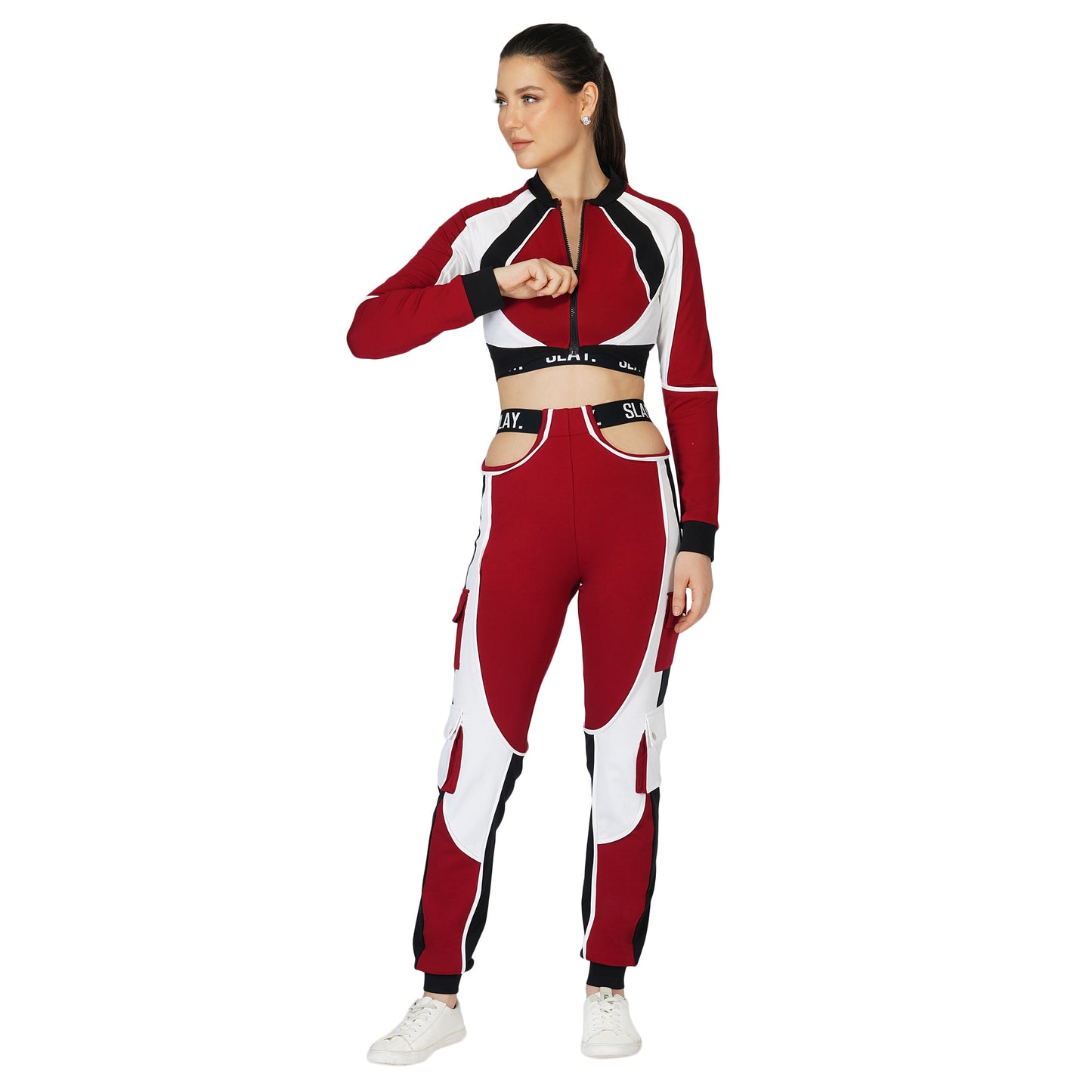 SLAY. Women's Activewear Tracksuit Red Colorblock Crop Jacket & High waist Cargo Pants Co-ord set(3 piece)