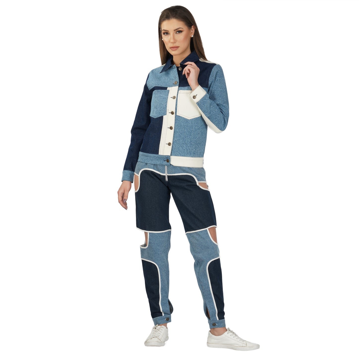 SLAY. Women's Blue & White Colorblock Denim Jacket Crop Top & Jeans Co-ord Set(3 Piece)