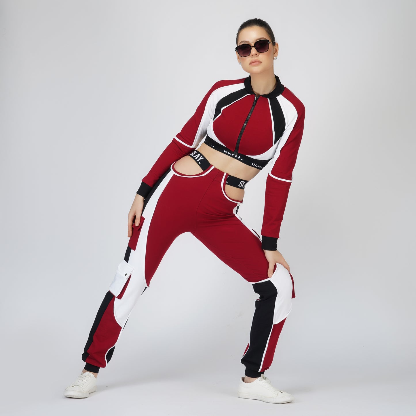 SLAY. Women's Activewear Tracksuit Red Colorblock Crop Jacket & High waist Cargo Pants Co-ord set(3 piece)