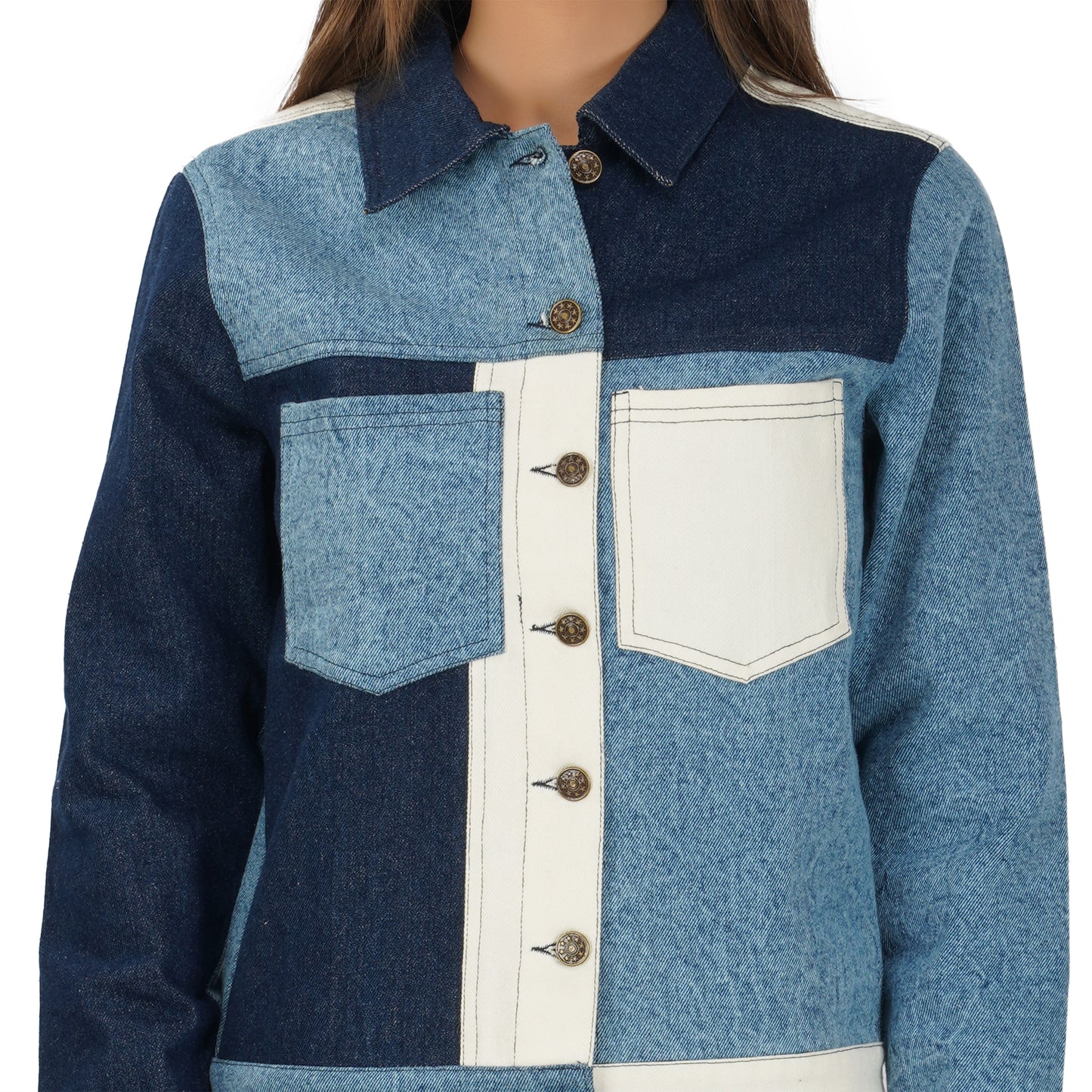 SLAY. Women's Blue & White Colorblock Denim Jacket Crop Top & Jeans Co-ord Set(3 Piece)