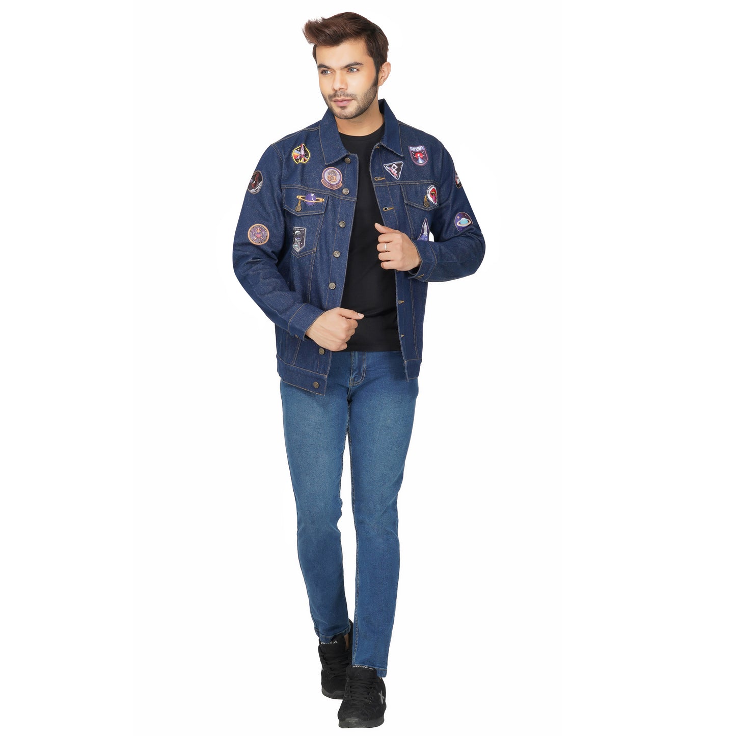 SLAY. Men's Patchwork Embroidered Navy Blue Vintage Button-Down Denim Biker Jacket-clothing-to-slay.myshopify.com-Jacket