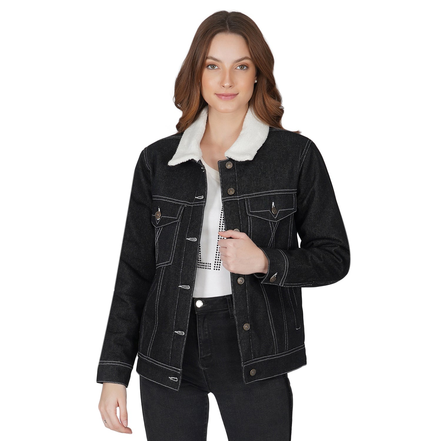 SLAY. Women's Black Denim Jacket with Faux-fur Lining-clothing-to-slay.myshopify.com-Denim Jacket