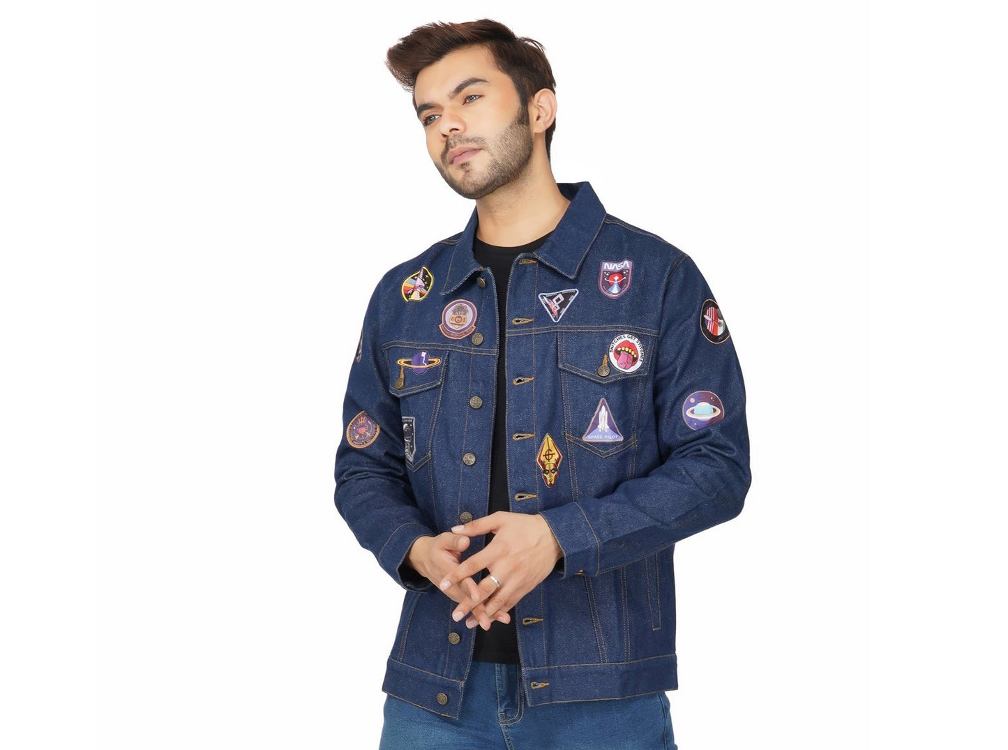 SLAY. Men's Patchwork Embroidered Navy Blue Vintage Button-Down Denim Biker Jacket-clothing-to-slay.myshopify.com-Jacket