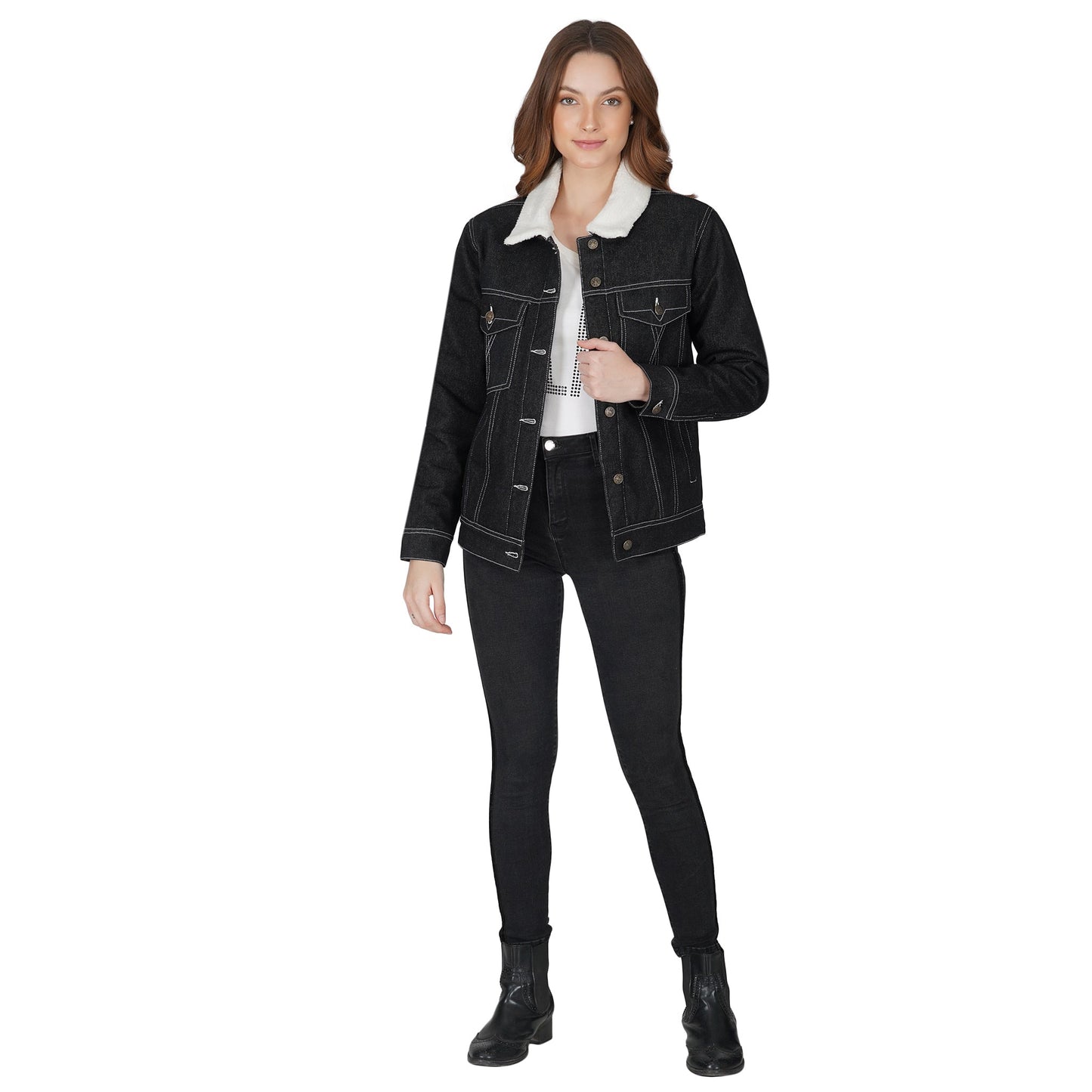 SLAY. Women's Black Denim Jacket with Faux-fur Lining-clothing-to-slay.myshopify.com-Denim Jacket