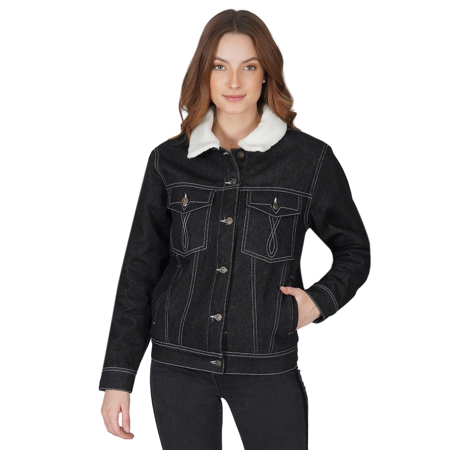 SLAY. Women's Black Denim Jacket with Faux-fur Lining-clothing-to-slay.myshopify.com-Denim Jacket