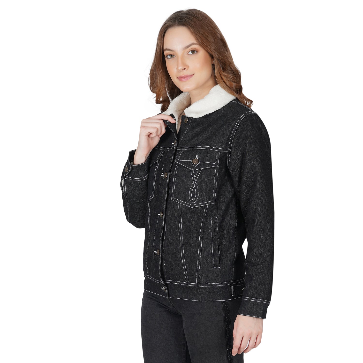 SLAY. Women's Black Denim Jacket with Faux-fur Lining-clothing-to-slay.myshopify.com-Denim Jacket