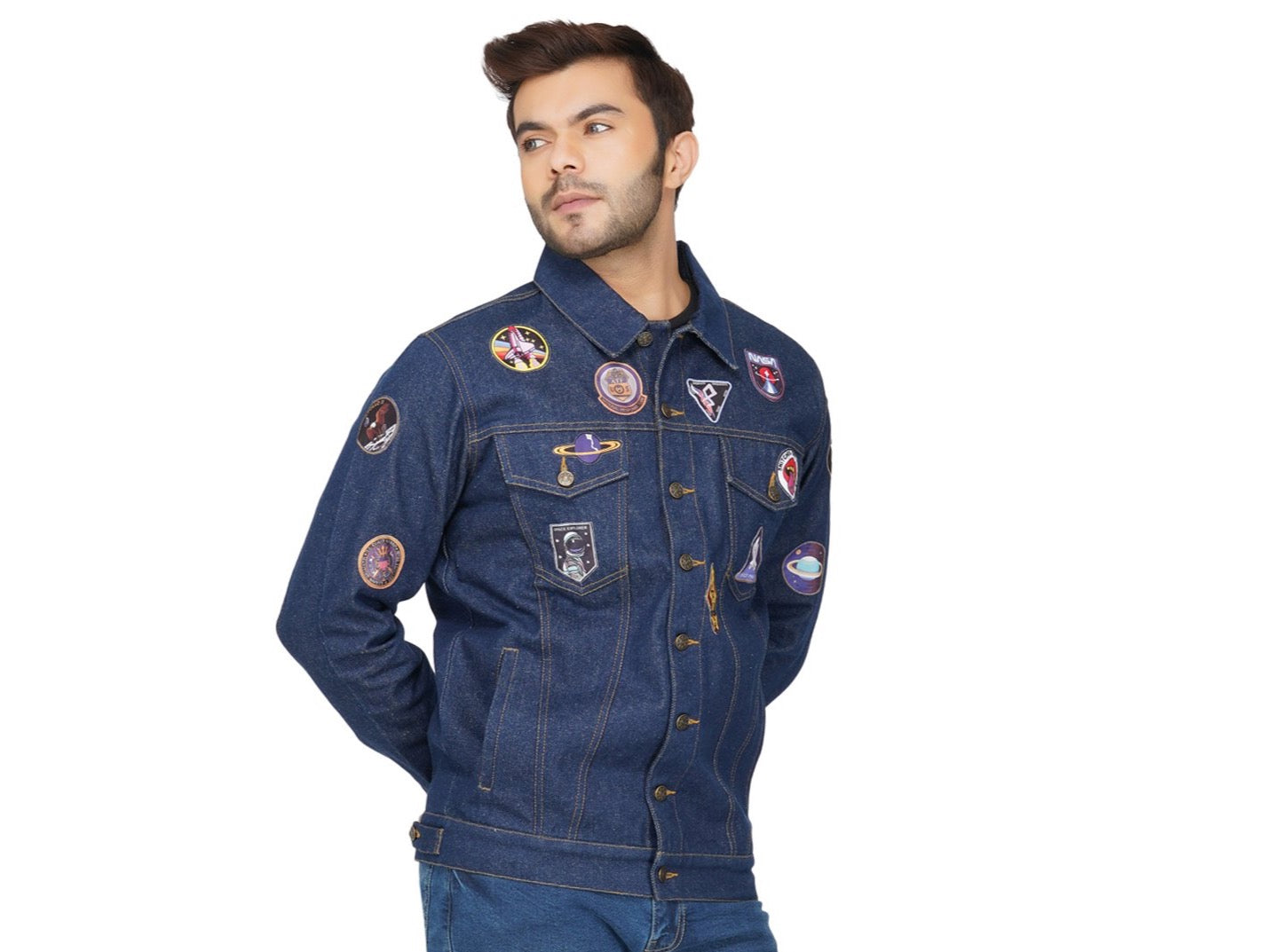 SLAY. Men's Patchwork Embroidered Navy Blue Vintage Button-Down Denim Biker Jacket-clothing-to-slay.myshopify.com-Jacket