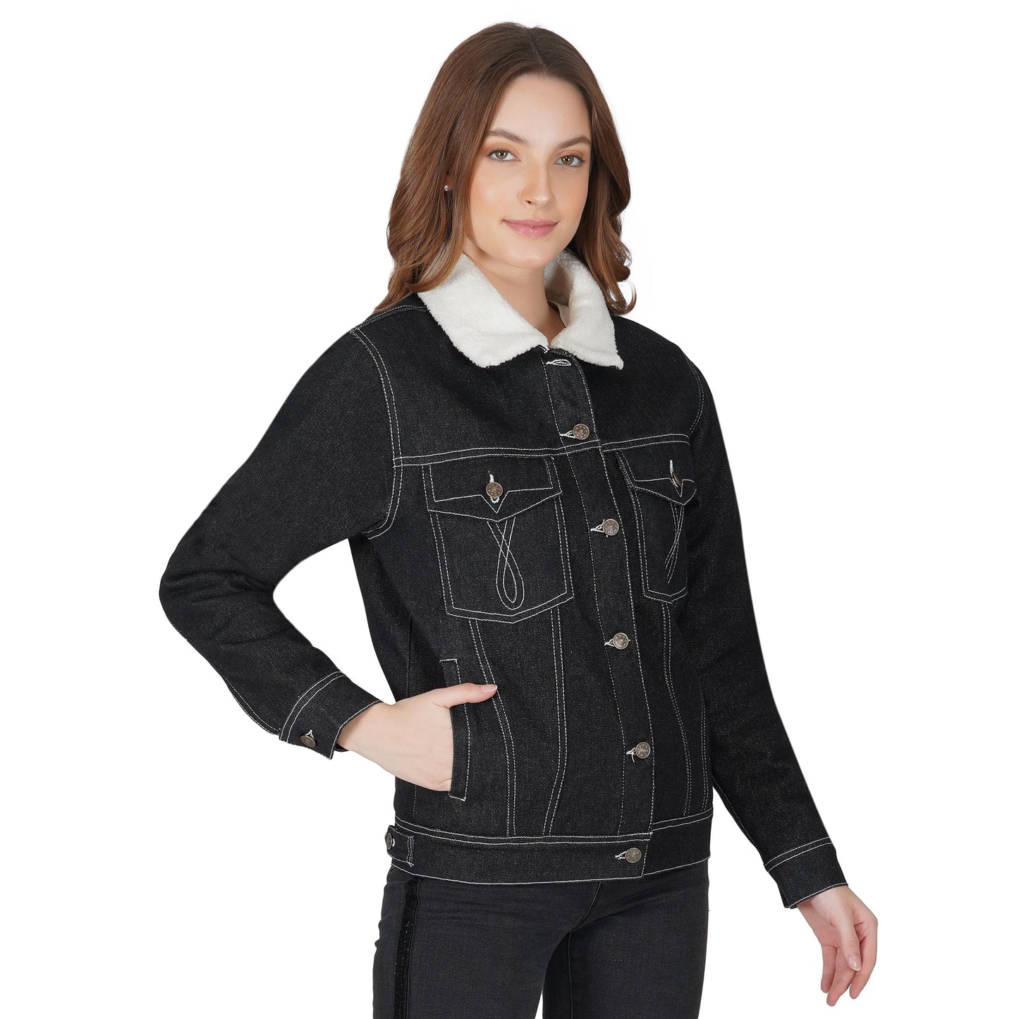 SLAY. Women's Black Denim Jacket with Faux-fur Lining-clothing-to-slay.myshopify.com-Denim Jacket