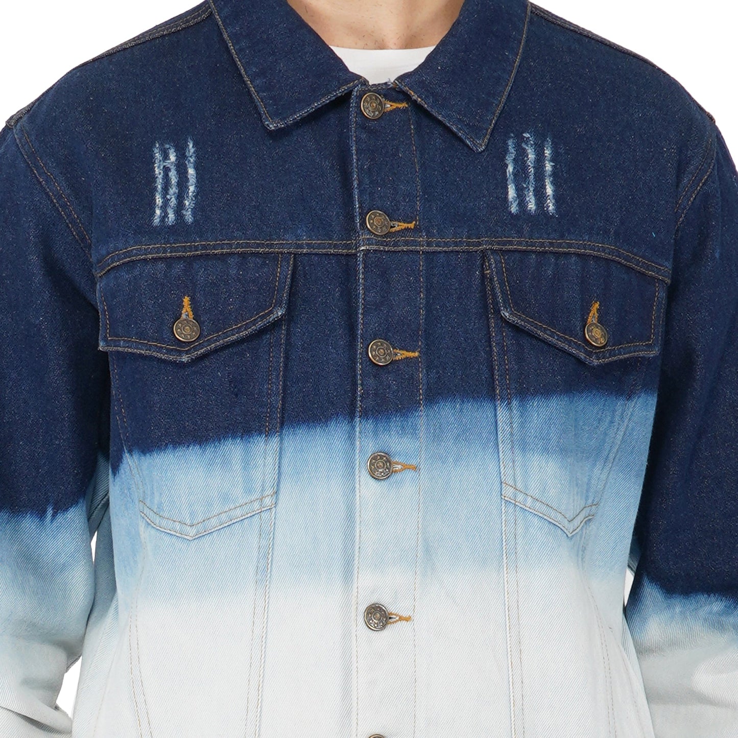 SLAY. Men's Full Sleeves Ombre Effect Solid Button-Down Ripped Denim Jacket-clothing-to-slay.myshopify.com-Jacket