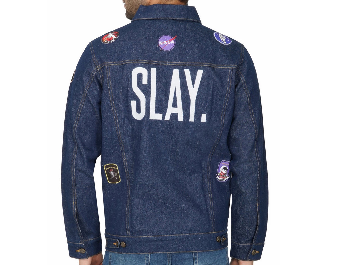 SLAY. Men's Patchwork Embroidered Navy Blue Vintage Button-Down Denim Biker Jacket-clothing-to-slay.myshopify.com-Jacket