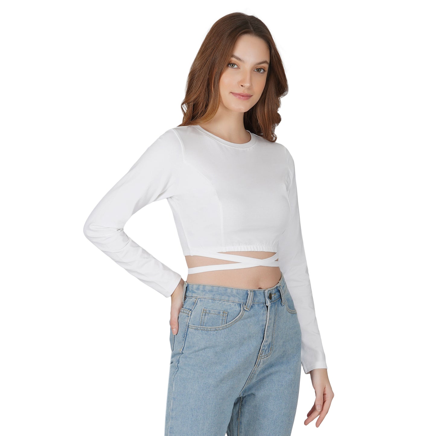 SLAY. Women's White Full Sleeves Crop Top with Back Wrap around Strings-clothing-to-slay.myshopify.com-Crop Top