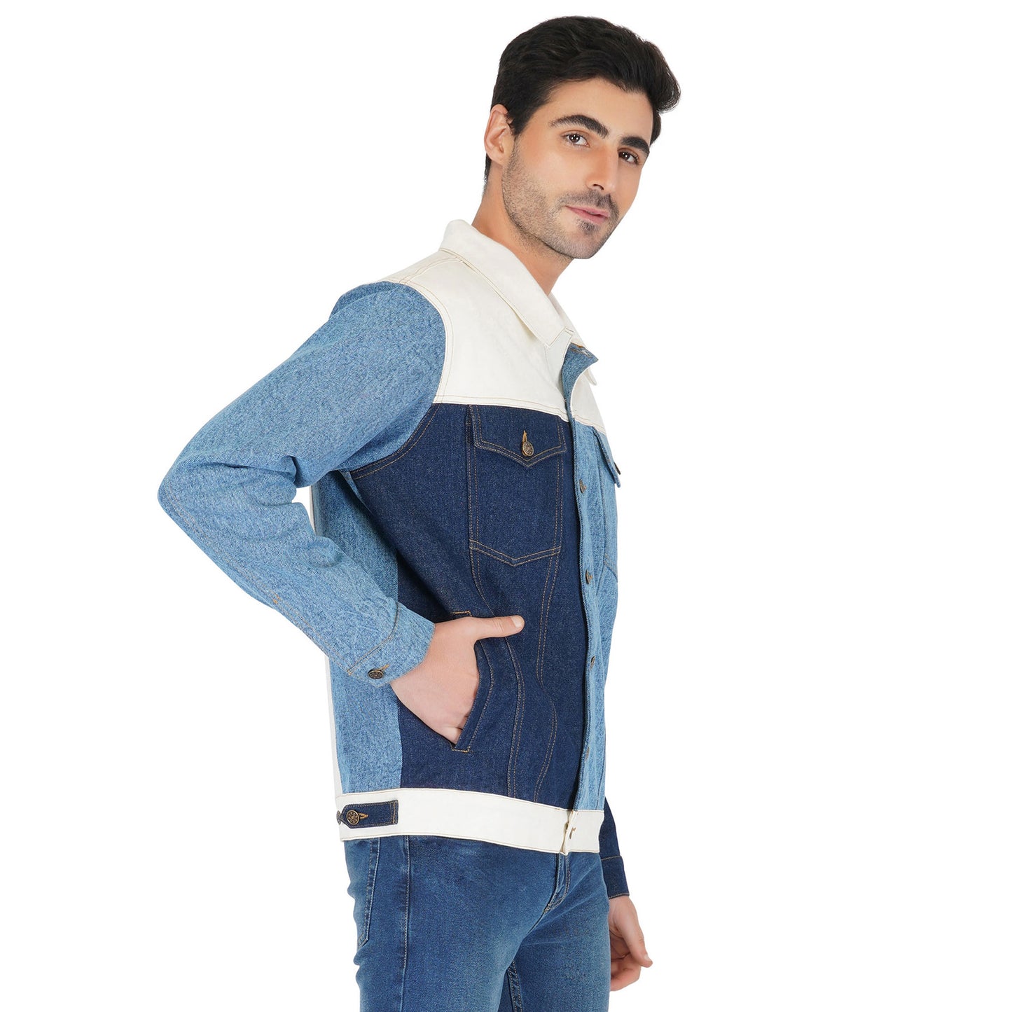 SLAY. Men's Full Sleeves Colorblock Denim Jacket