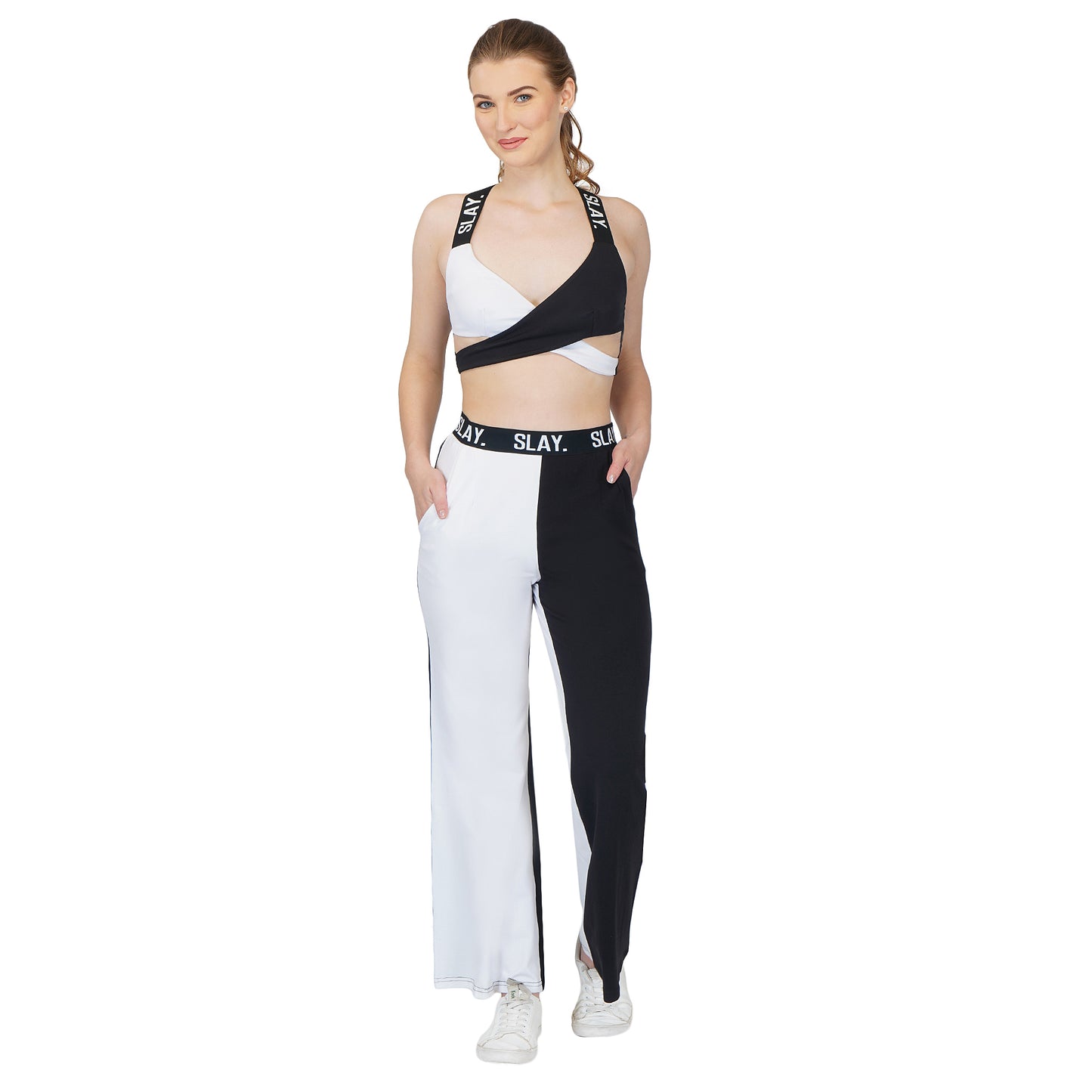 SLAY. Sport Women's Black & White Colorblock Monochrome Contrast Co-ord Set