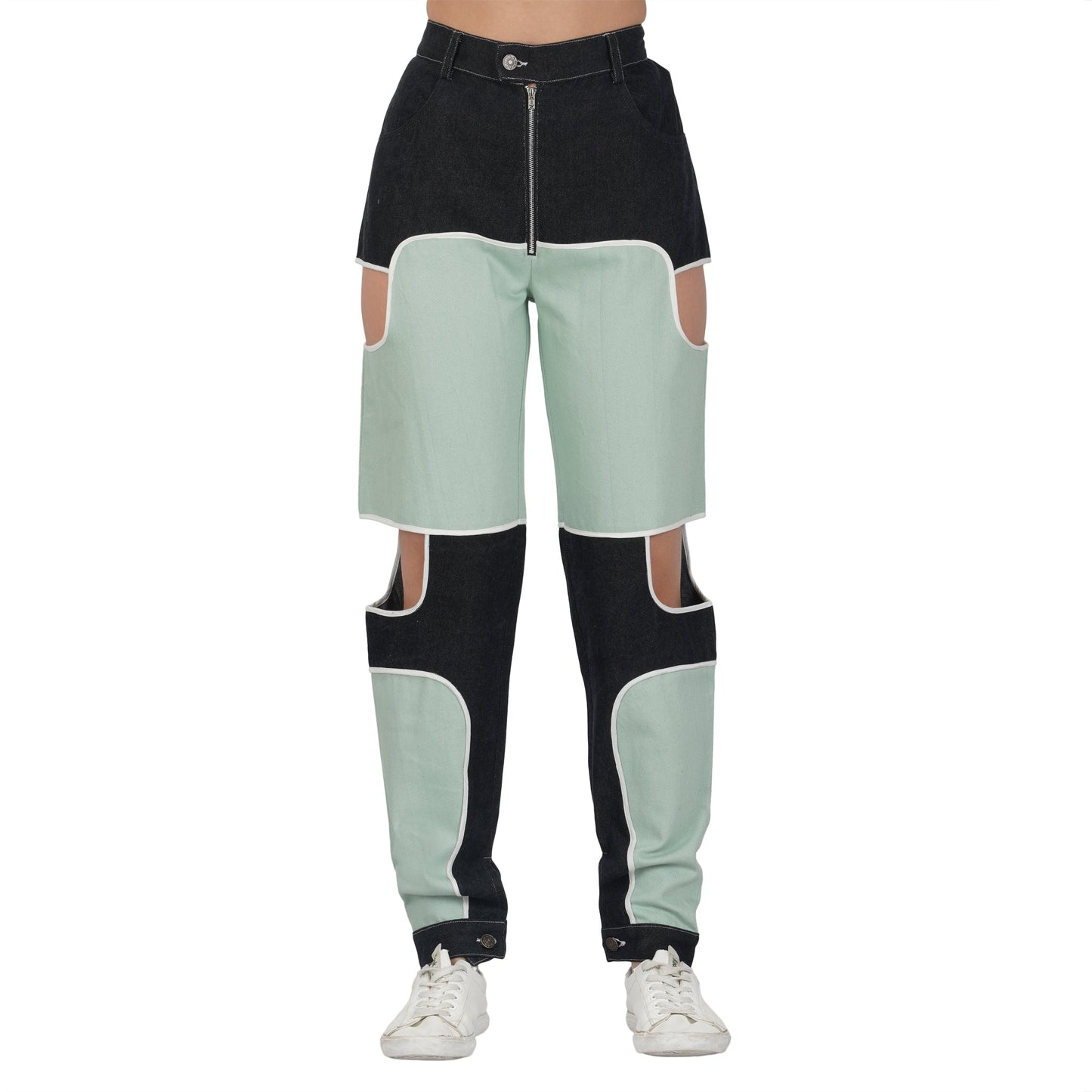 SLAY. Women's Bad Girl Teal & Black Colorblock Denim Jeans