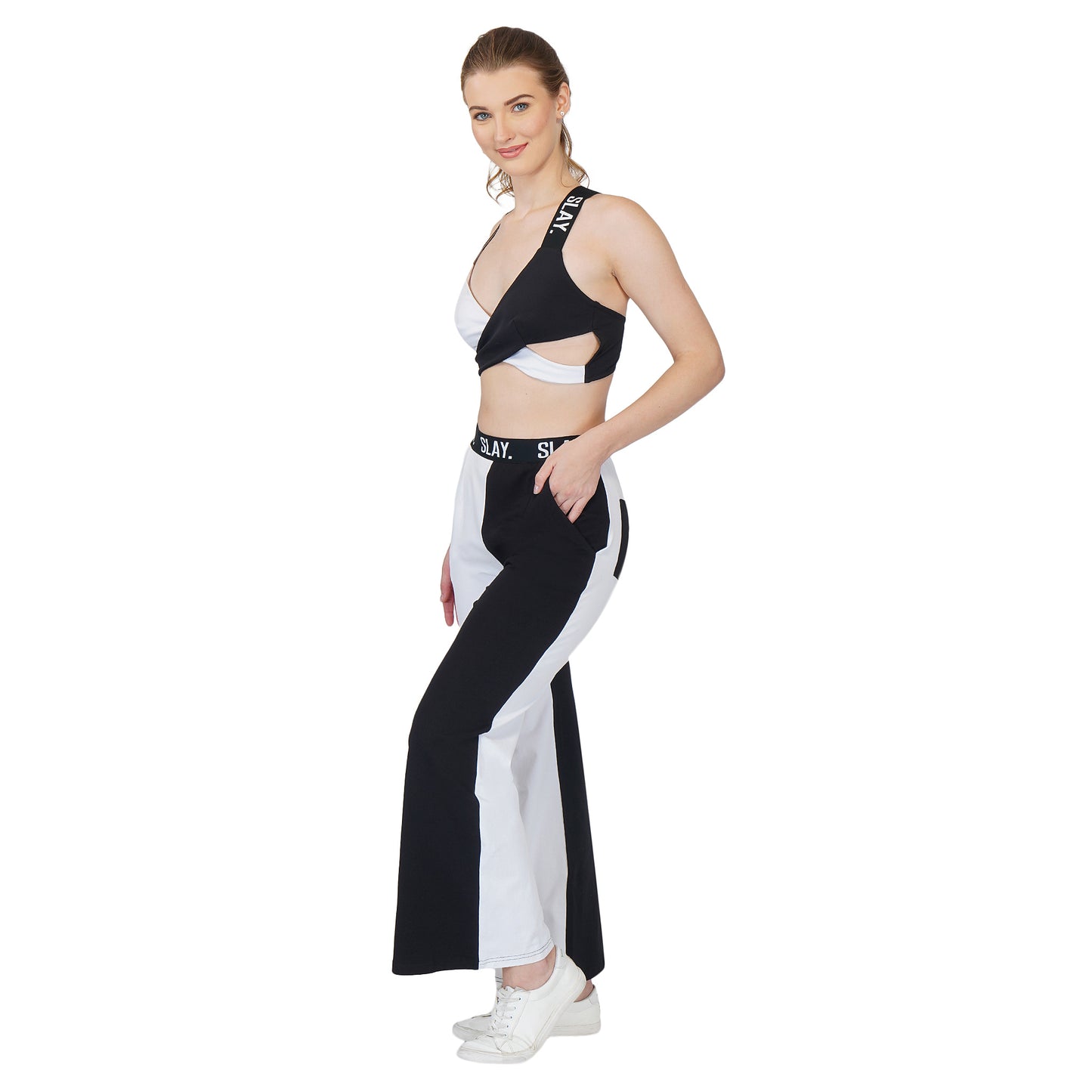 SLAY. Sport Women's Black & White Colorblock Monochrome Contrast Co-ord Set