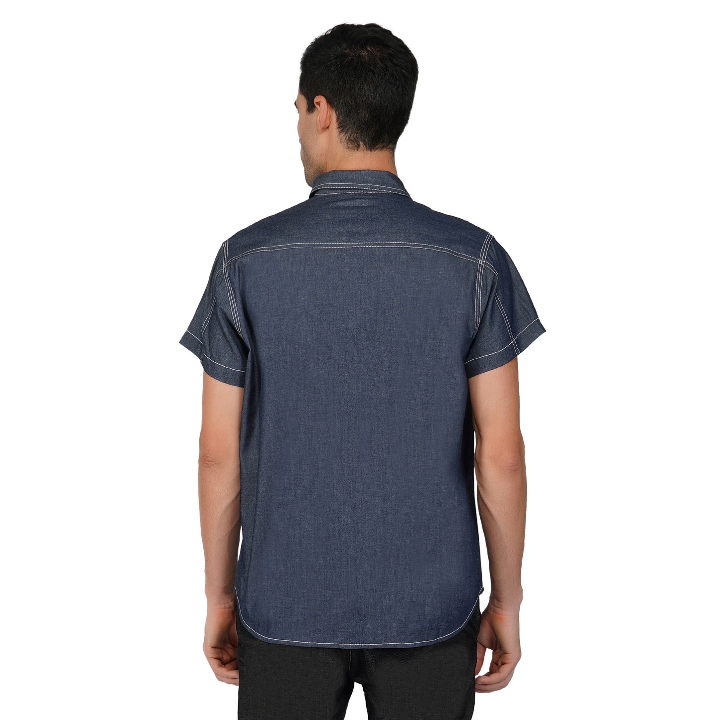 SLAY. Men's Half Sleeves Abstract Stitch Designer Denim Shirt