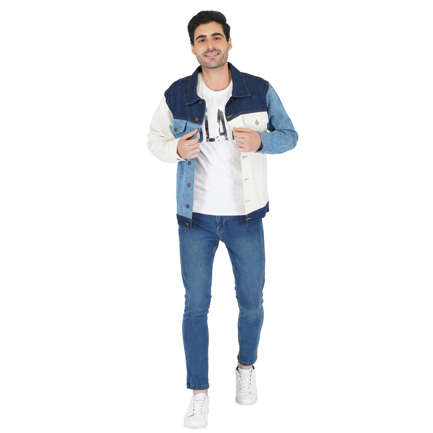 SLAY. Men's Full Sleeves Colorblock Denim Jacket
