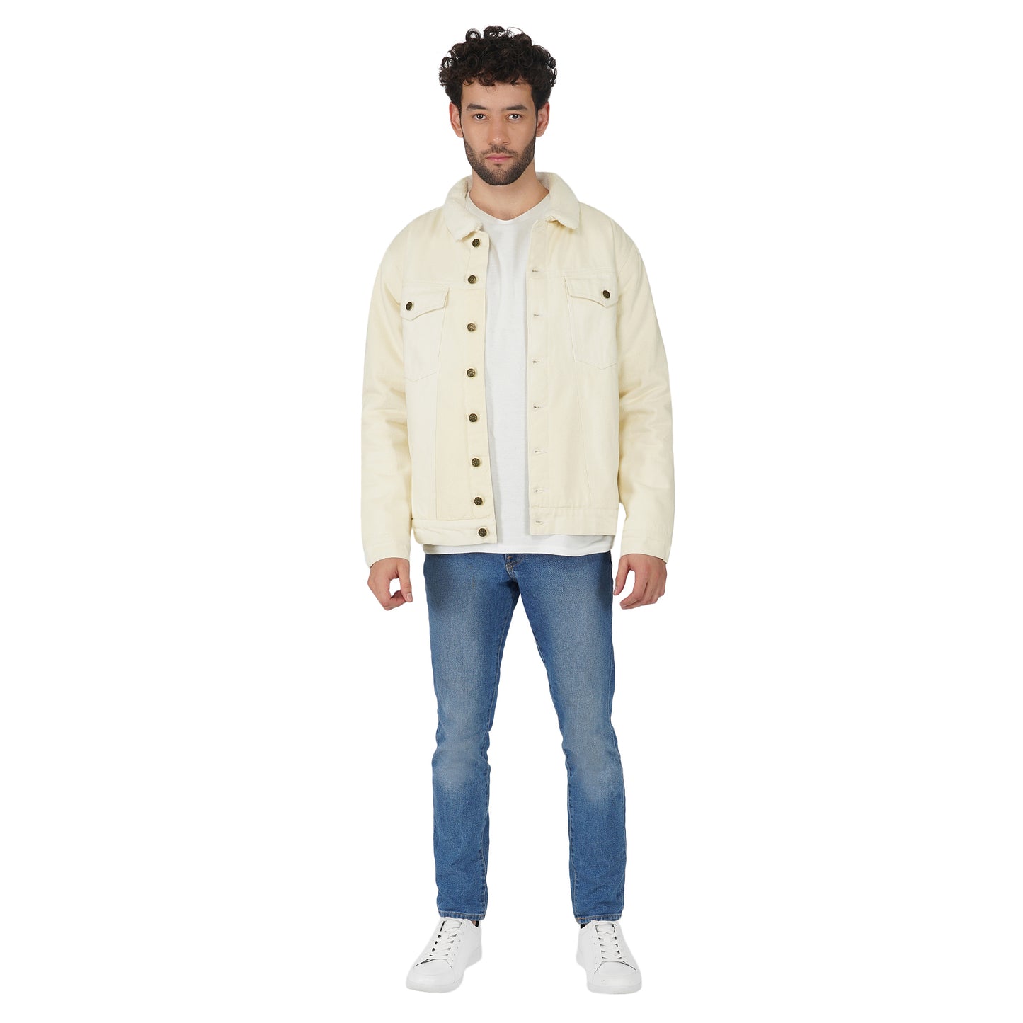 SLAY. Men's Full Sleeves Off-white Solid Button-Down Denim Jacket with Faux-fur Lining-clothing-to-slay.myshopify.com-Jacket