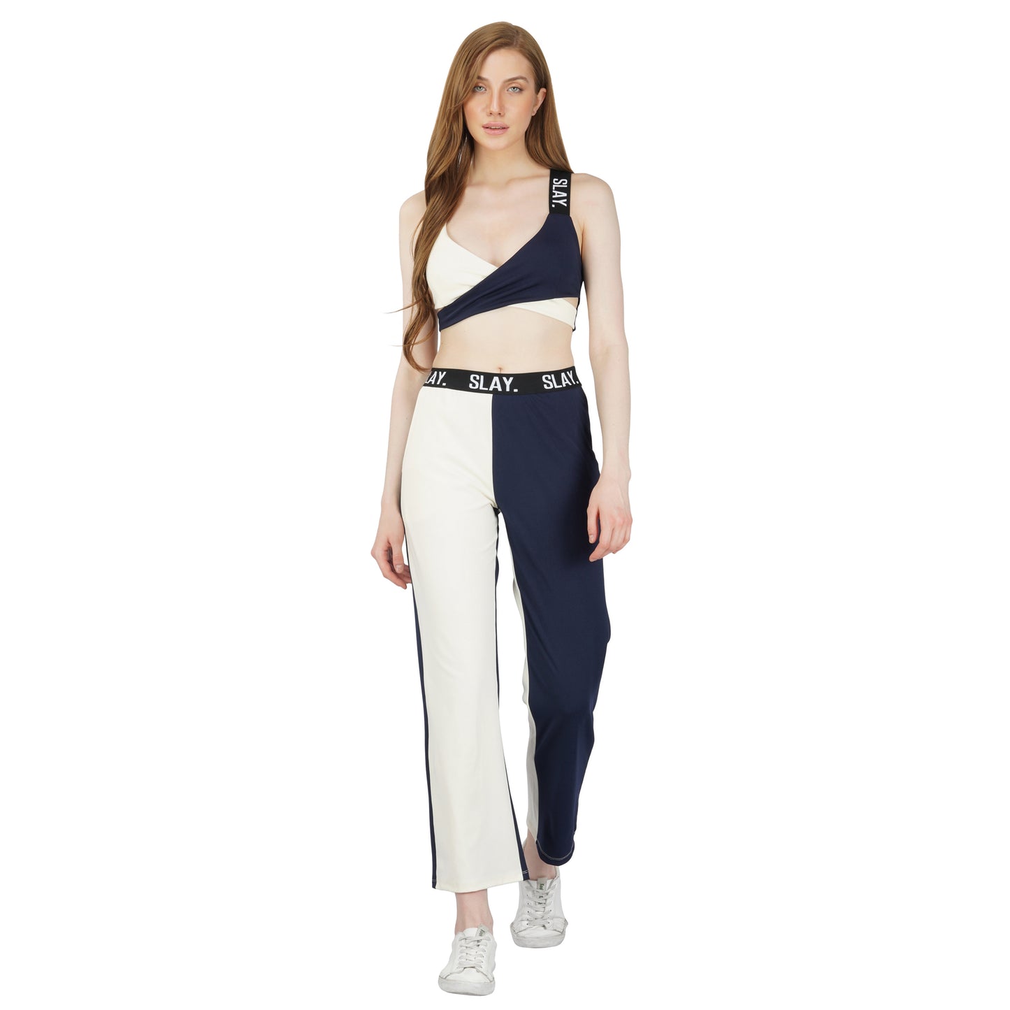 SLAY. Sport Women's Blue & White Colorblock Monochrome Contrast Co-ord Set