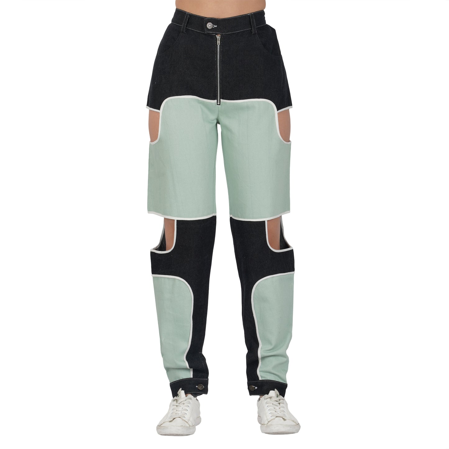 SLAY. Women's Flap Pocket Colorblock Denim Jacket Crop Top & Jeans Co-ord Set(3 Piece