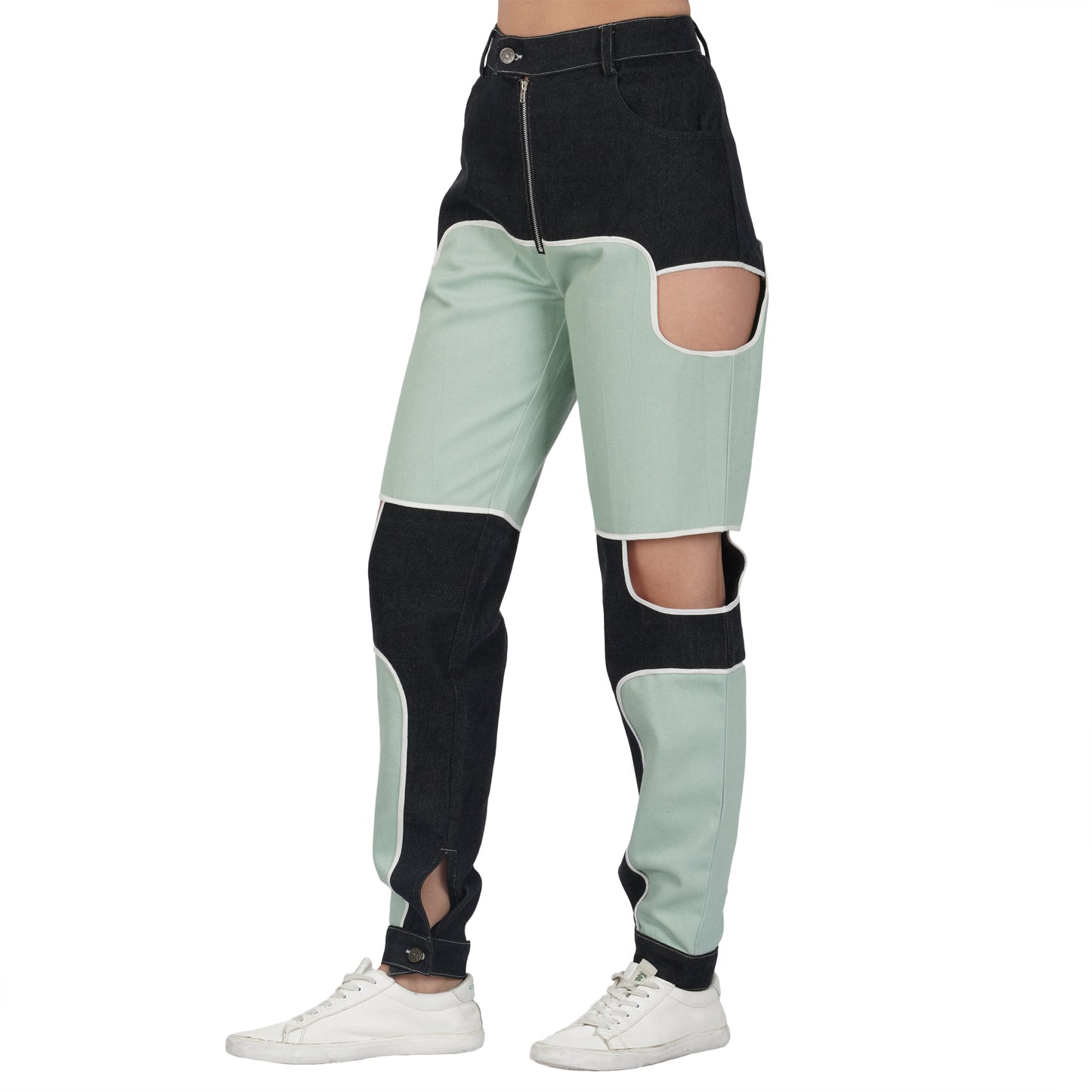 SLAY. Women's Flap Pocket Colorblock Denim Jacket Crop Top & Jeans Co-ord Set(3 Piece