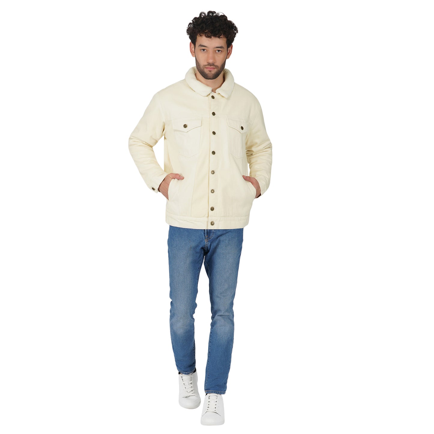 SLAY. Men's Full Sleeves Off-white Solid Button-Down Denim Jacket with Faux-fur Lining-clothing-to-slay.myshopify.com-Jacket