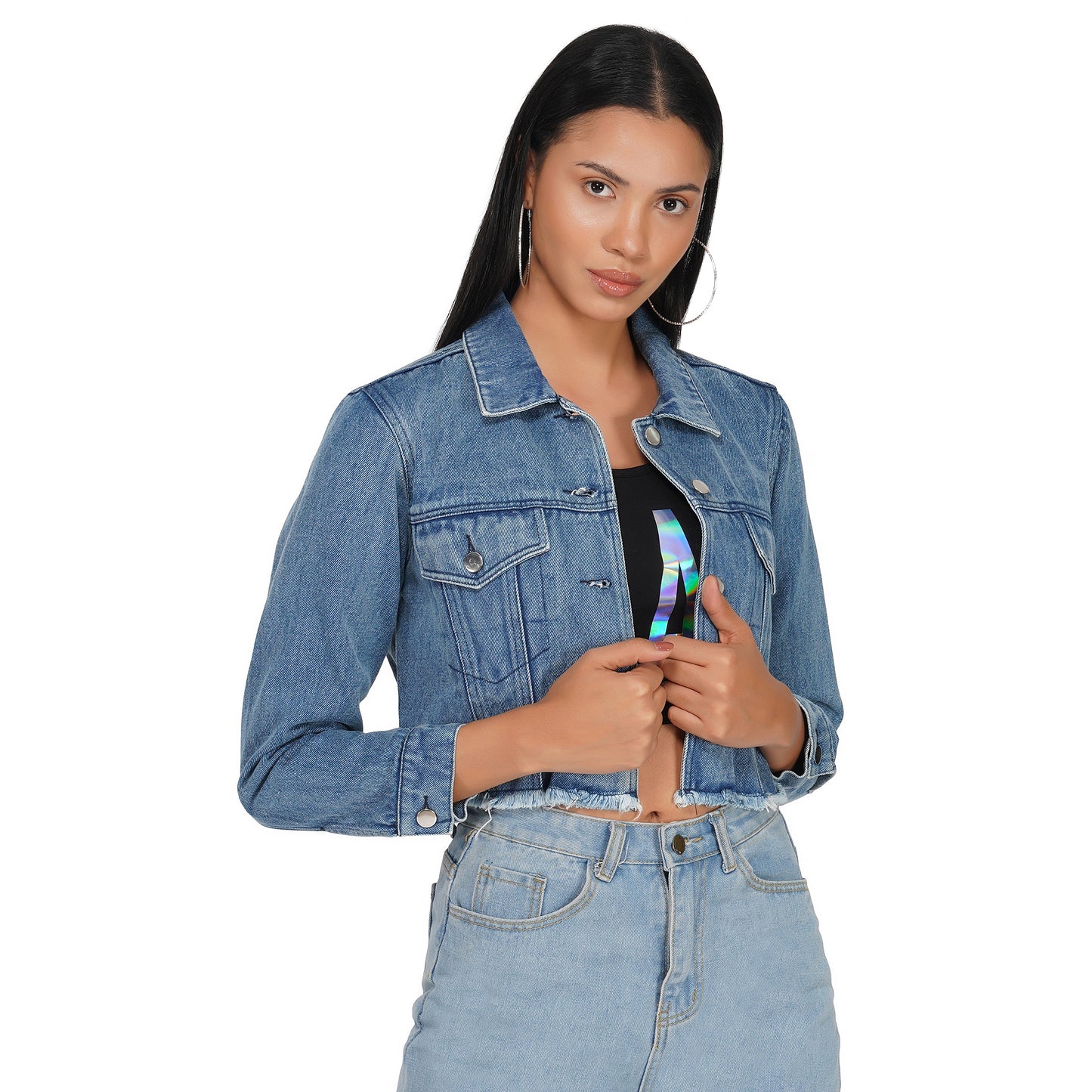 SLAY. Women's Washed Cropped Denim Button-Down Vintage Biker Jacket-clothing-to-slay.myshopify.com-Cropped Denim Jacket