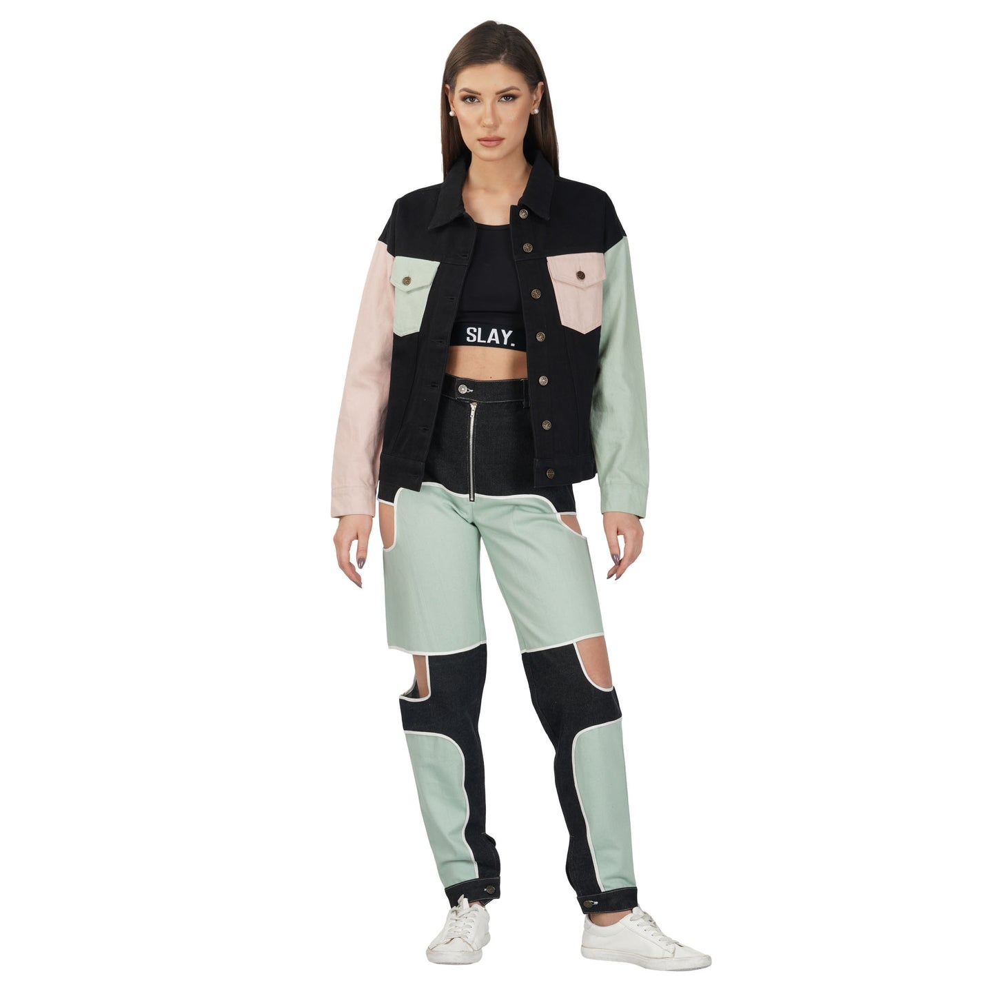 SLAY. Women's Flap Pocket Colorblock Denim Jacket Crop Top & Jeans Co-ord Set(3 Piece