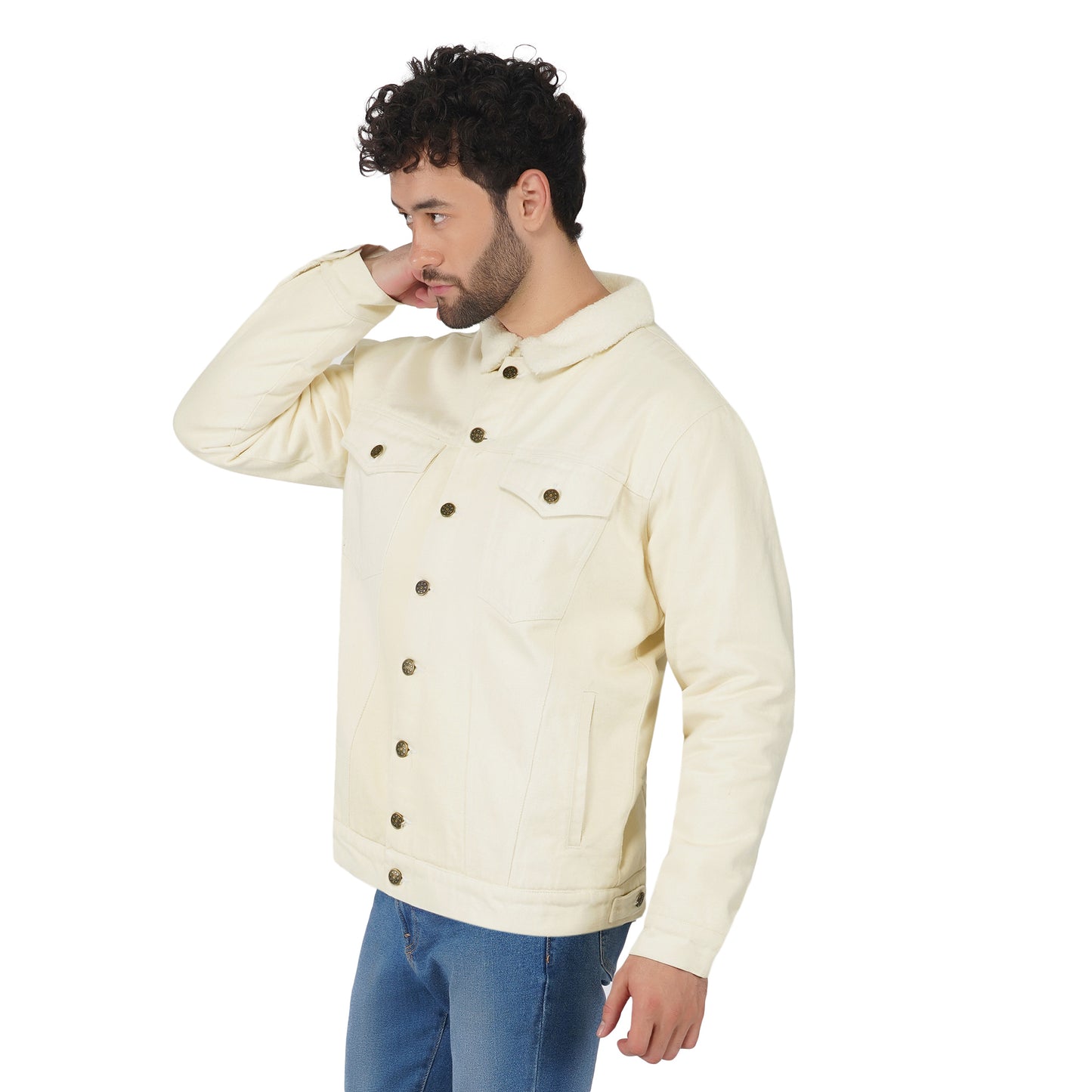 SLAY. Men's Full Sleeves Off-white Solid Button-Down Denim Jacket with Faux-fur Lining-clothing-to-slay.myshopify.com-Jacket