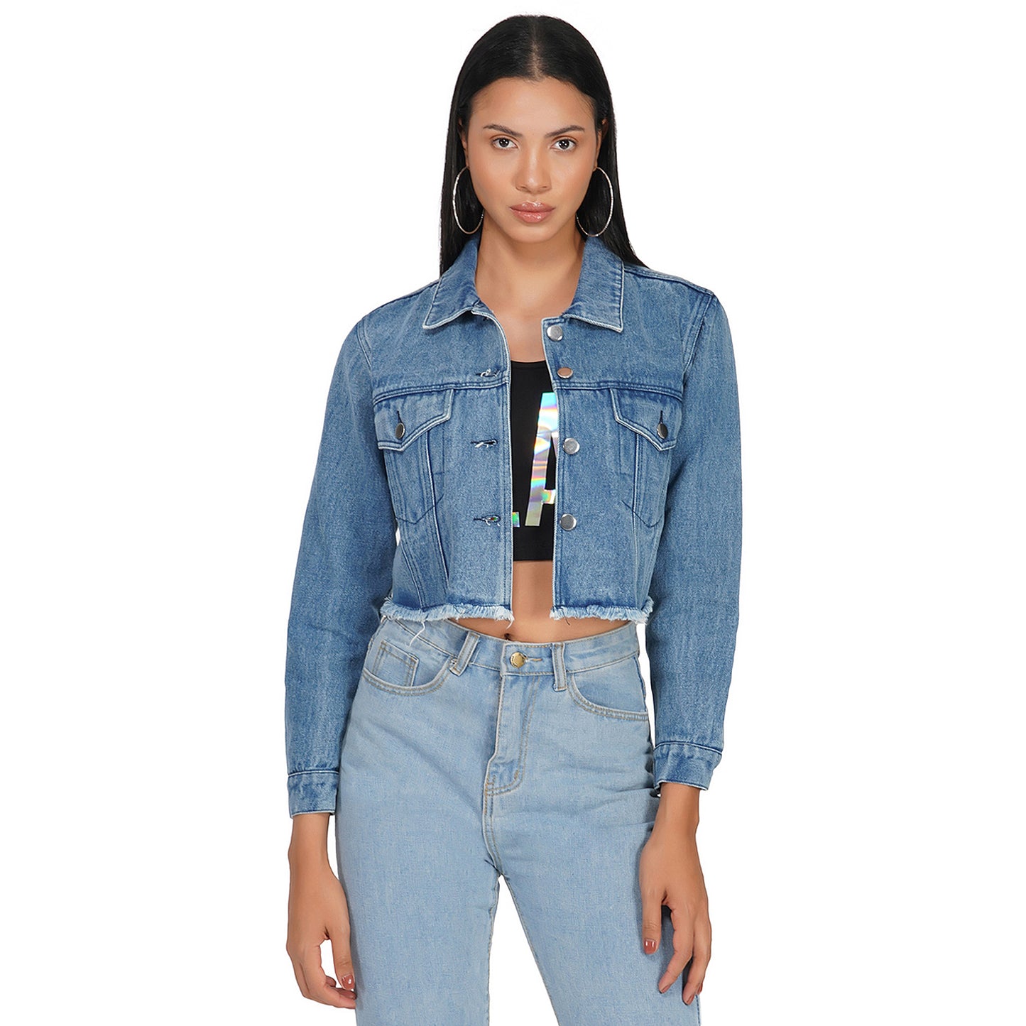 SLAY. Women's Washed Cropped Denim Button-Down Vintage Biker Jacket-clothing-to-slay.myshopify.com-Cropped Denim Jacket