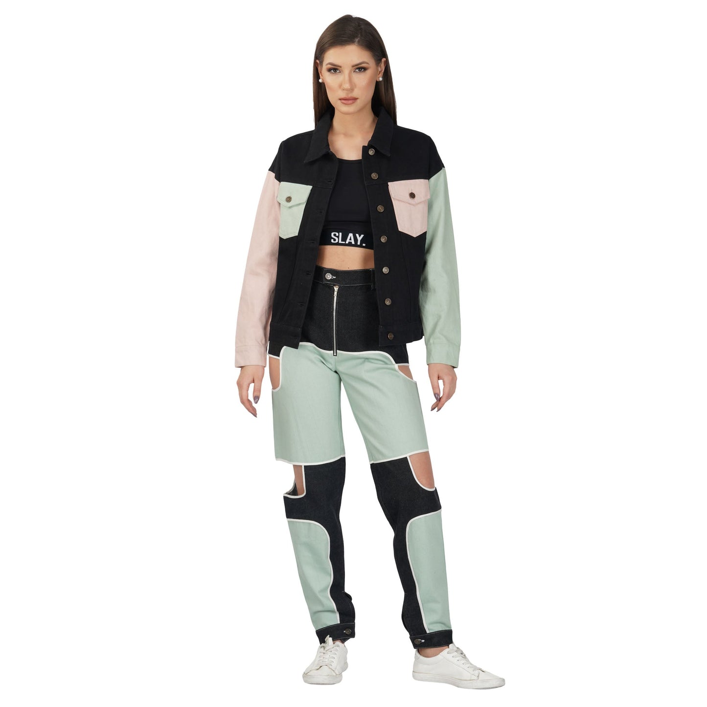 SLAY. Women's Bad Girl Teal & Black Colorblock Denim Jeans