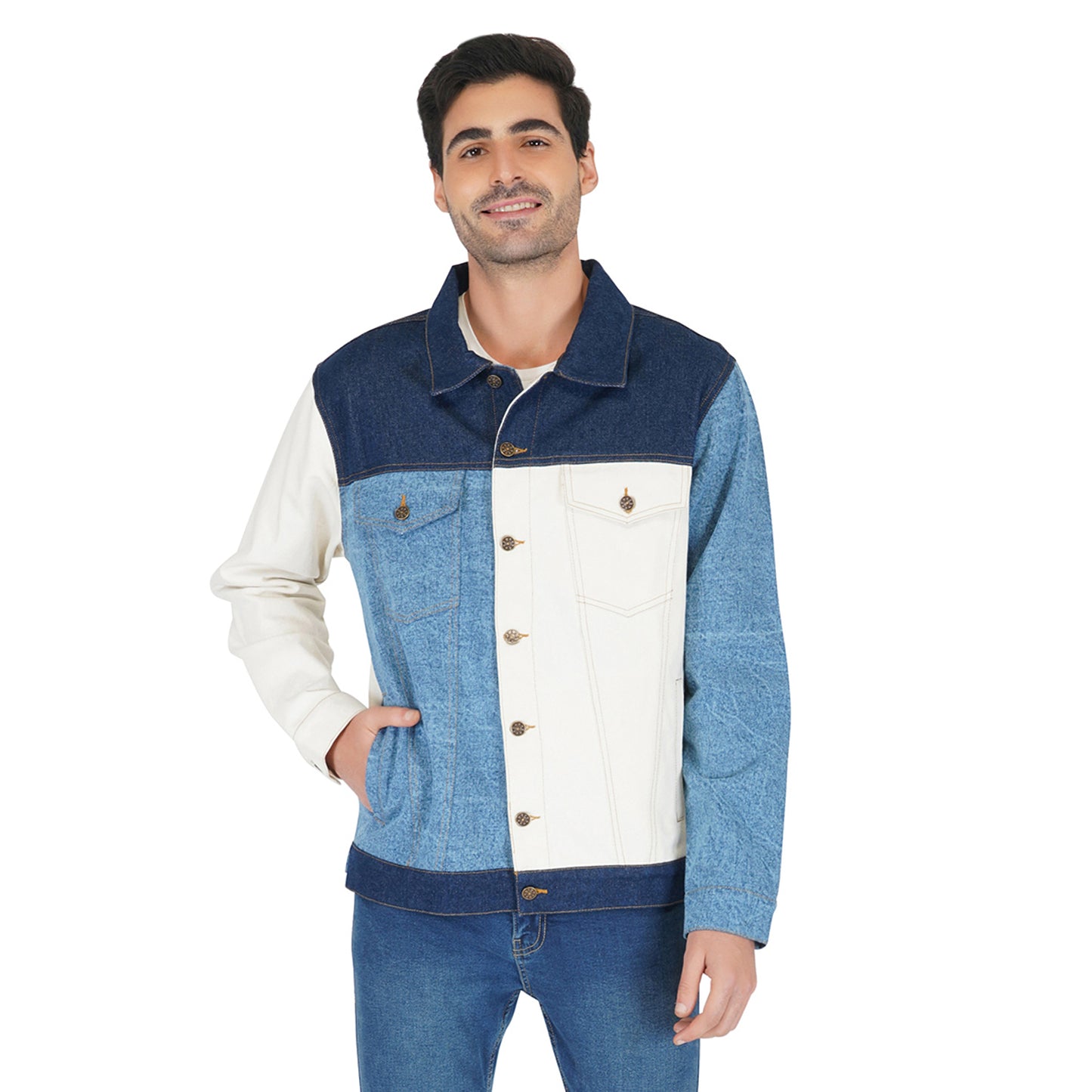 SLAY. Men's Full Sleeves Colorblock Denim Jacket