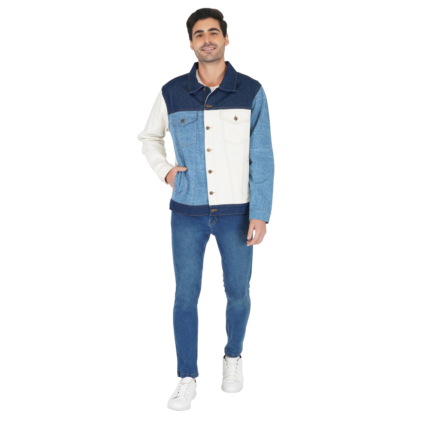 SLAY. Men's Full Sleeves Colorblock Denim Jacket