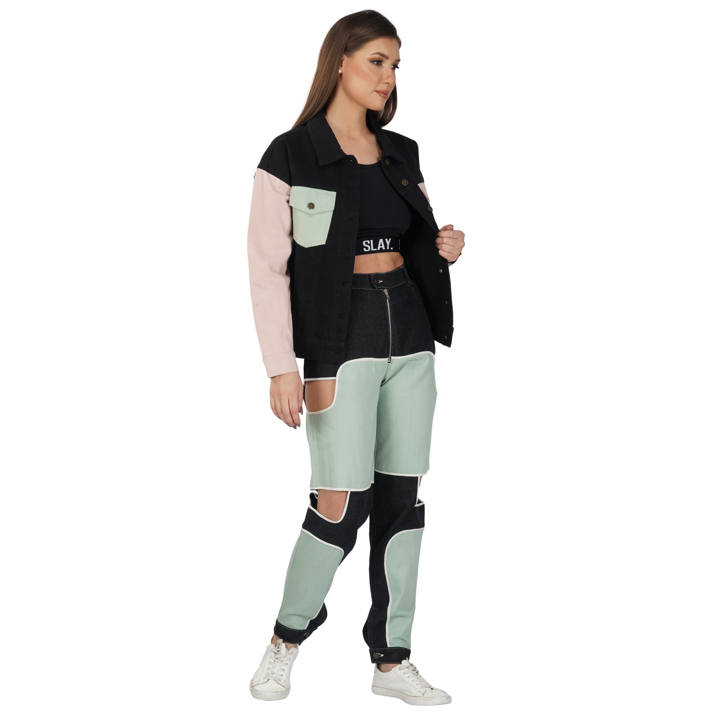 SLAY. Women's Flap Pocket Colorblock Denim Jacket Crop Top & Jeans Co-ord Set(3 Piece