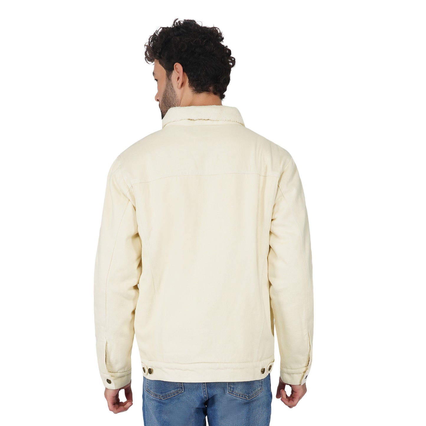 SLAY. Men's Full Sleeves Off-white Solid Button-Down Denim Jacket with Faux-fur Lining-clothing-to-slay.myshopify.com-Jacket