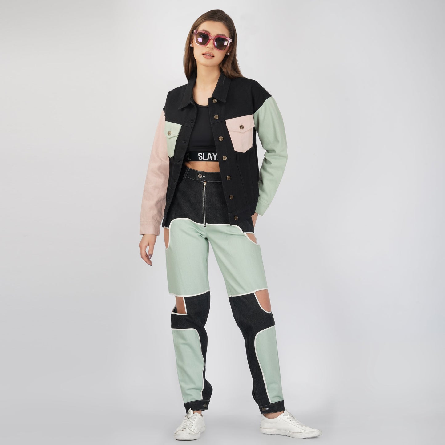 SLAY. Women's Bad Girl Teal & Black Colorblock Denim Jeans