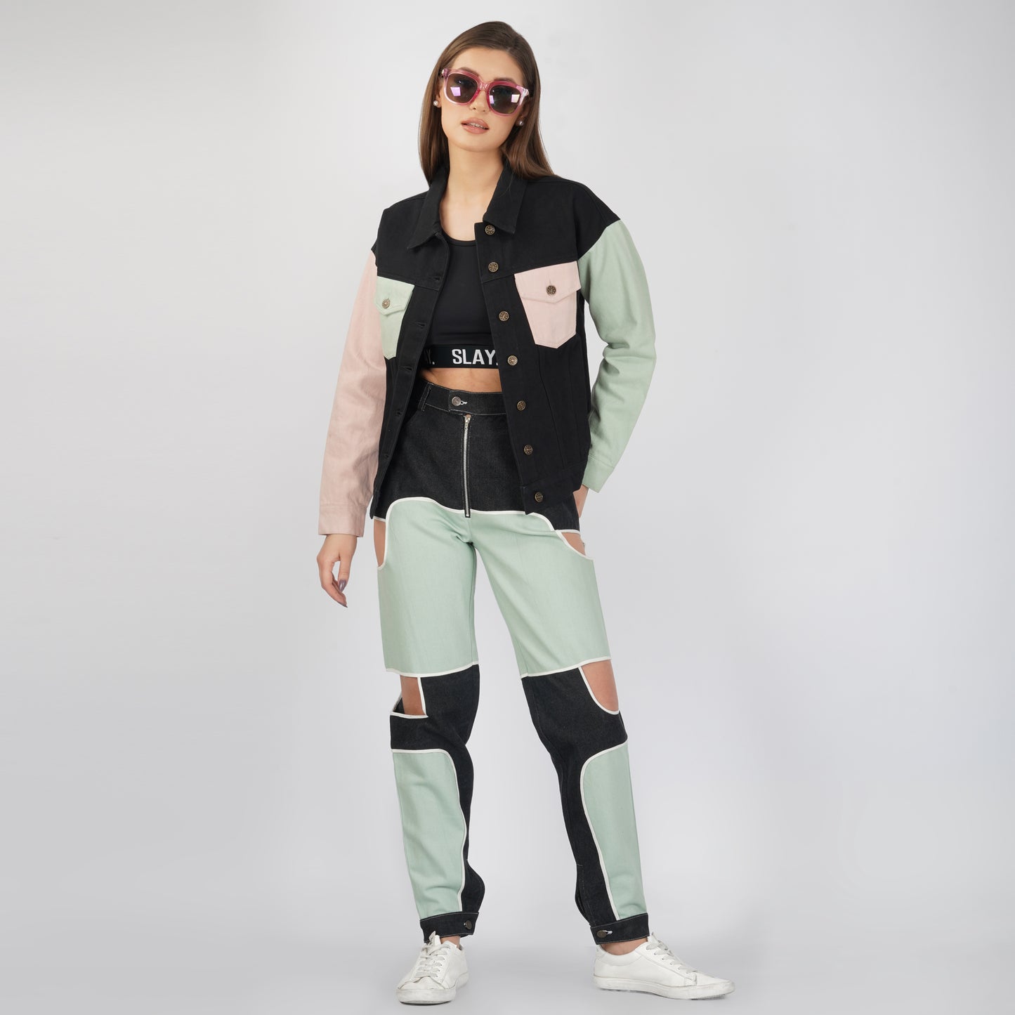 SLAY. Women's Flap Pocket Colorblock Denim Jacket Crop Top & Jeans Co-ord Set(3 Piece