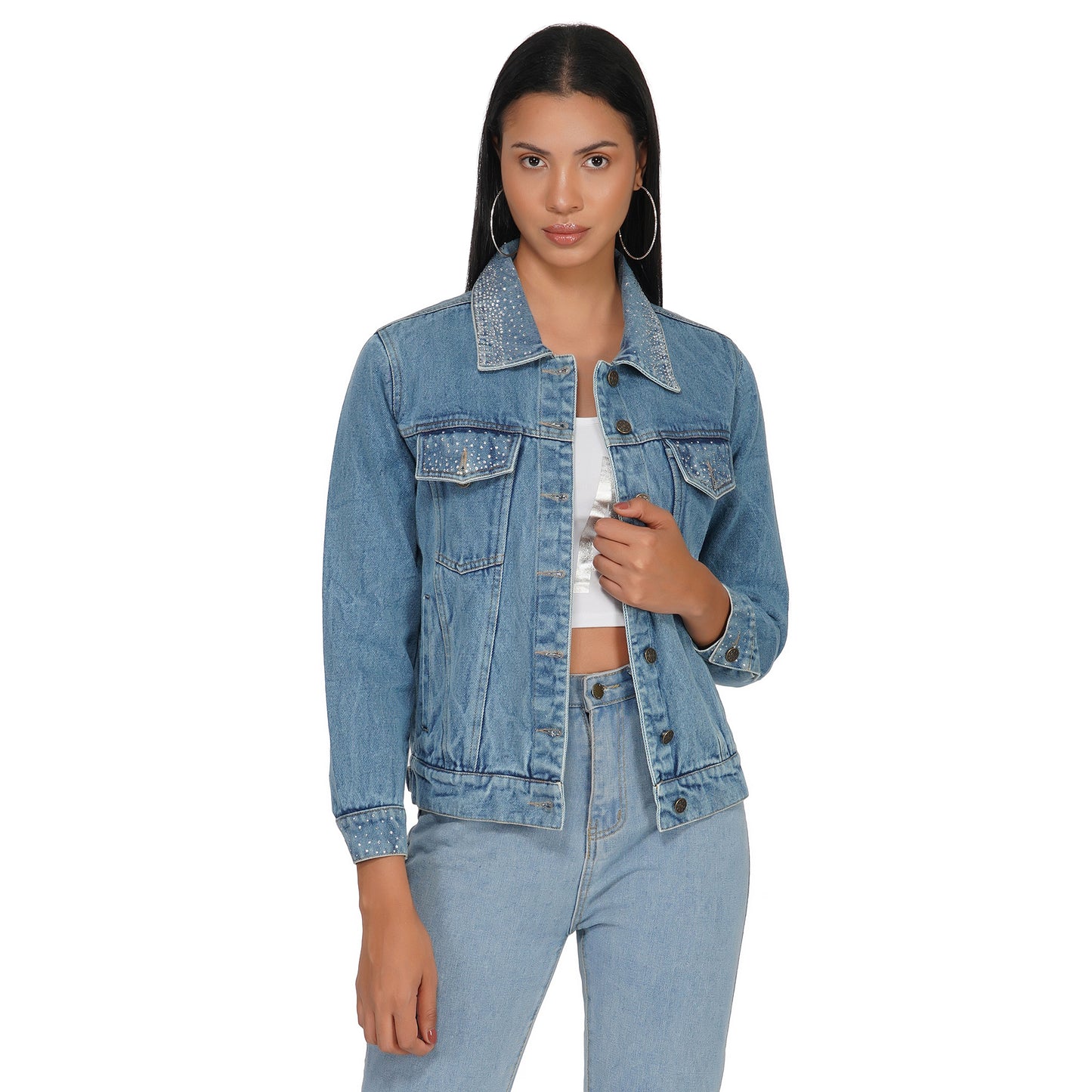 SLAY. Women's Crystal Studded Collar/Sleeve Washed Denim Button-Down Vintage Denim Jacket-clothing-to-slay.myshopify.com-Denim Jacket