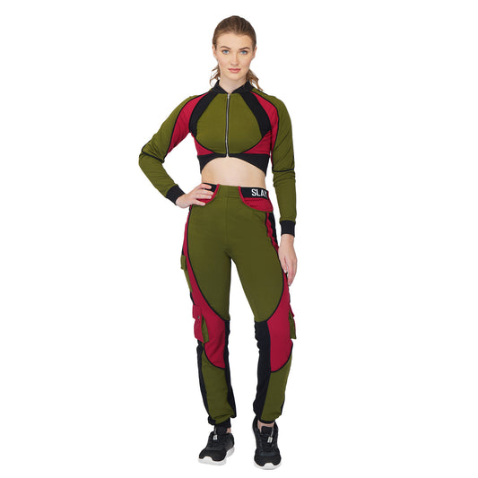 SLAY. Women's Activewear Tracksuit Green Red Black Colorblock Crop Jacket & Cargo Pants Co-ord Set(3 piece)