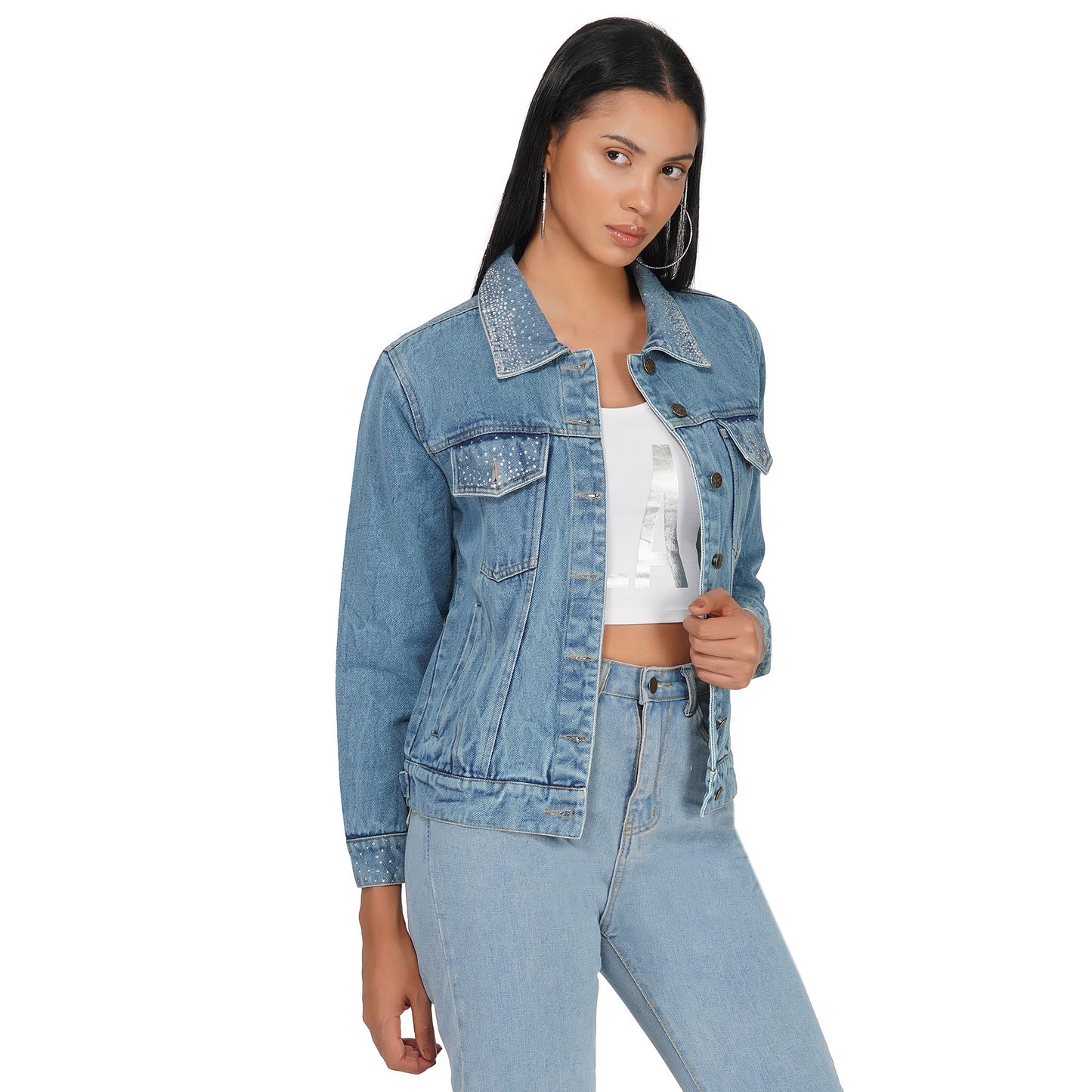 SLAY. Women's Crystal Studded Collar/Sleeve Washed Denim Button-Down Vintage Denim Jacket-clothing-to-slay.myshopify.com-Denim Jacket