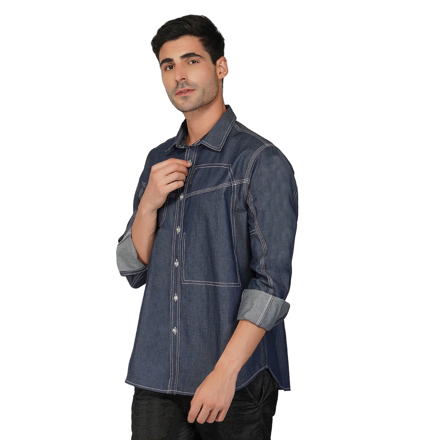 SLAY. Men's Full Sleeves Abstract Stitch Designer Denim Shirt