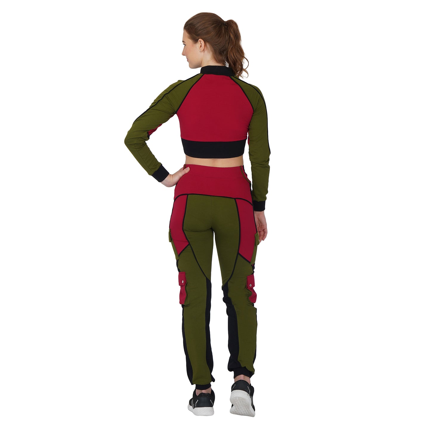 SLAY. Women's Activewear Tracksuit Green Red Black Colorblock Crop Jacket & Cargo Pants Co-ord Set(3 piece)