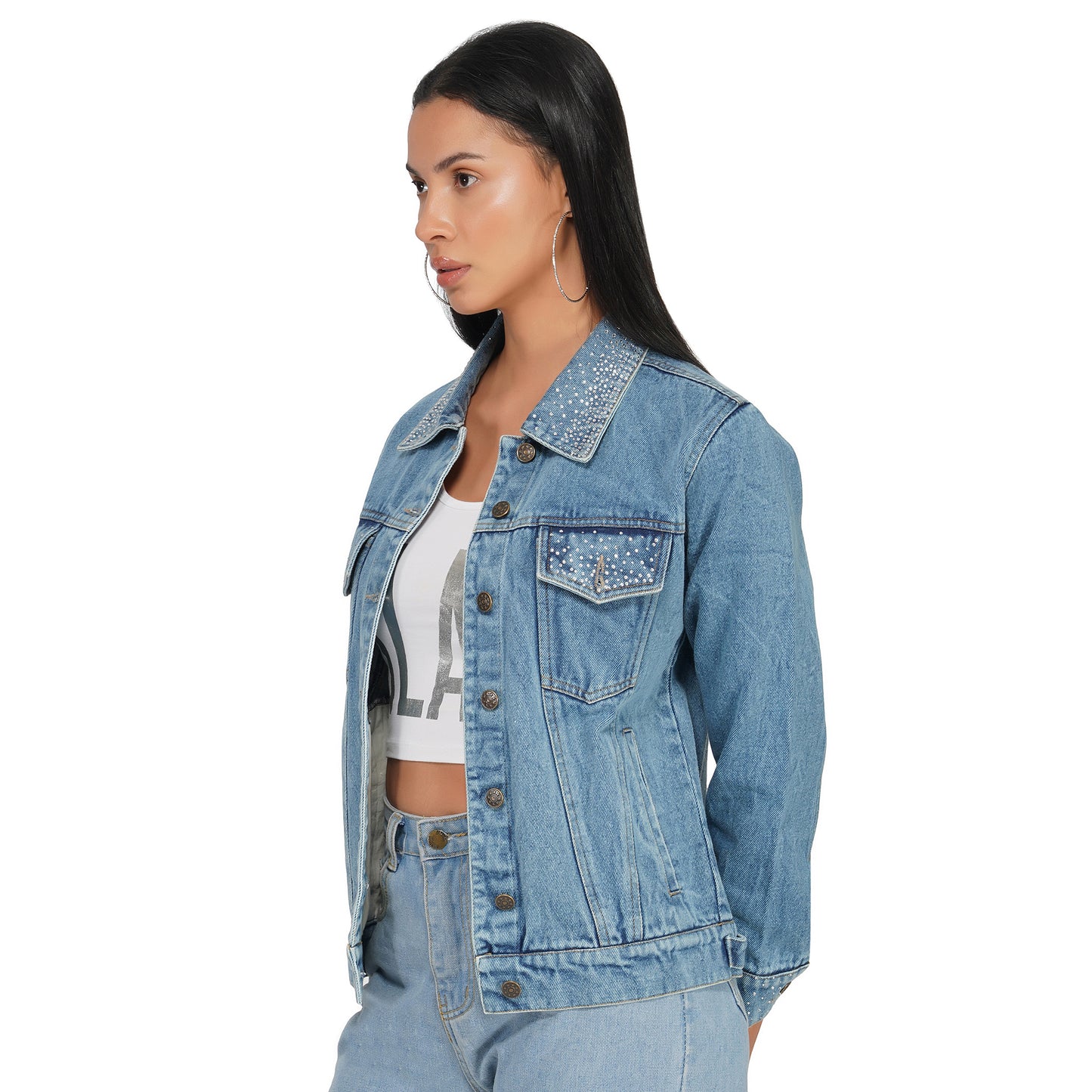SLAY. Women's Crystal Studded Collar/Sleeve Washed Denim Button-Down Vintage Denim Jacket-clothing-to-slay.myshopify.com-Denim Jacket
