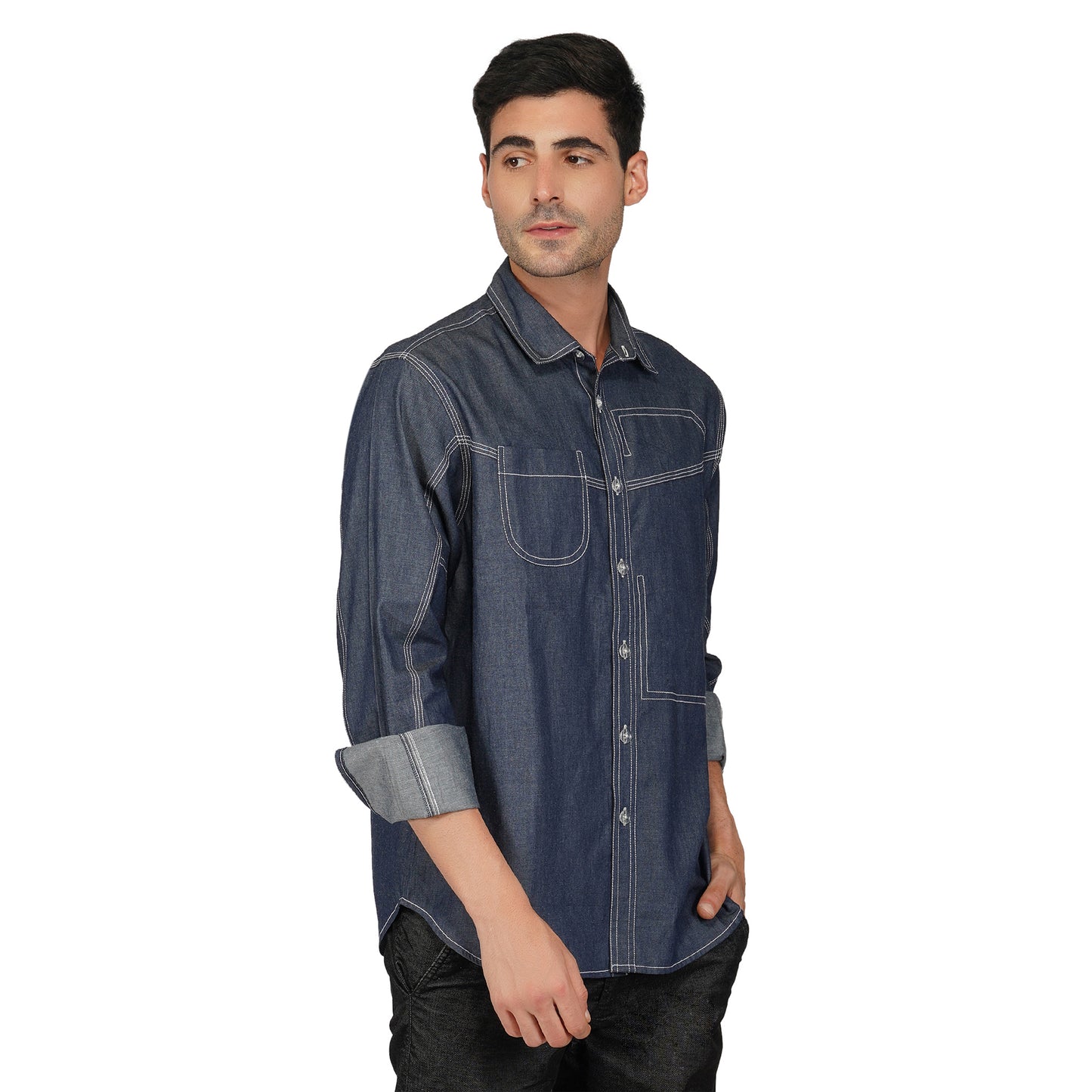 SLAY. Men's Full Sleeves Abstract Stitch Designer Denim Shirt