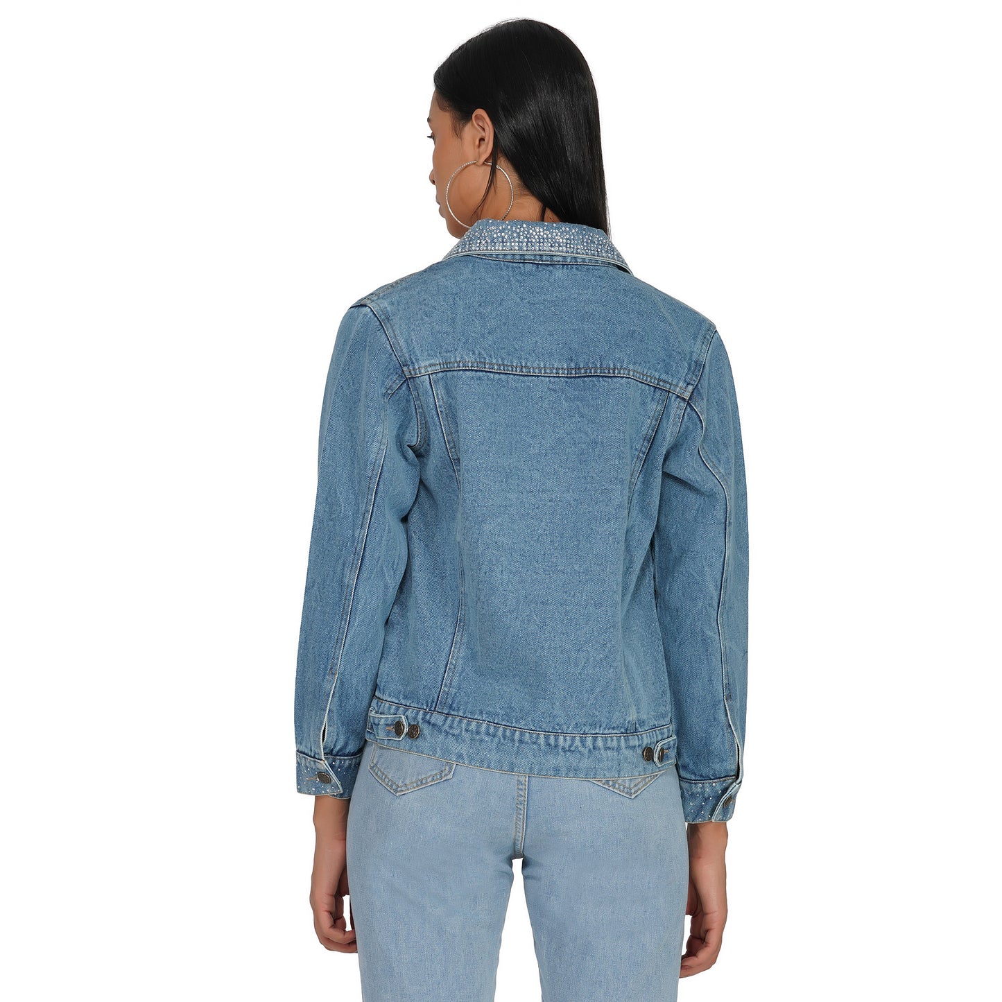 SLAY. Women's Crystal Studded Collar/Sleeve Washed Denim Button-Down Vintage Denim Jacket-clothing-to-slay.myshopify.com-Denim Jacket