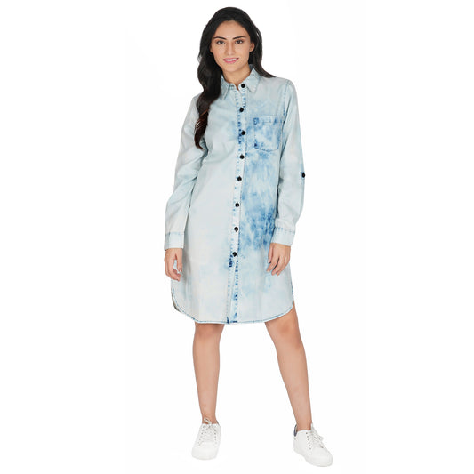 SLAY. Women's Tie Dye Denim Long Shirt with Rollup Sleeves-clothing-to-slay.myshopify.com-Dress