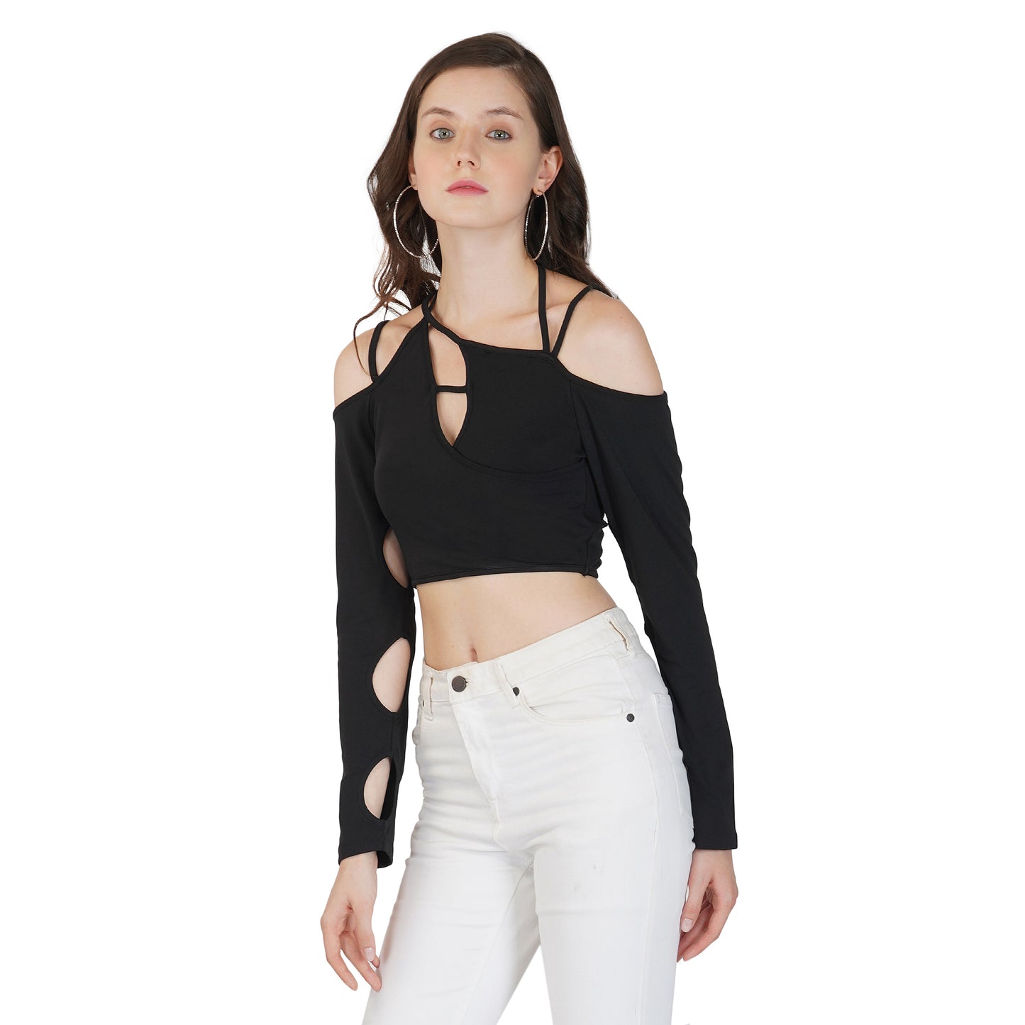 SLAY. Women's Cutout Long Sleeve Asymmetrical Crop Top Black