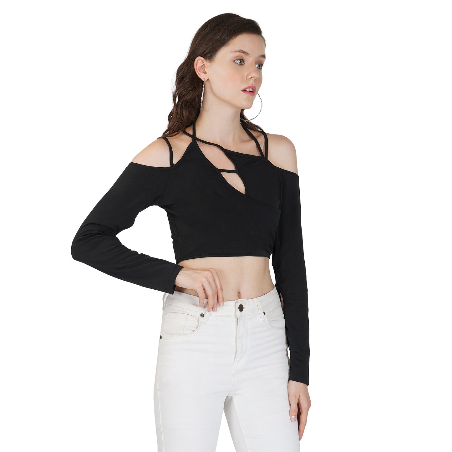 SLAY. Women's Cutout Long Sleeve Asymmetrical Crop Top Black