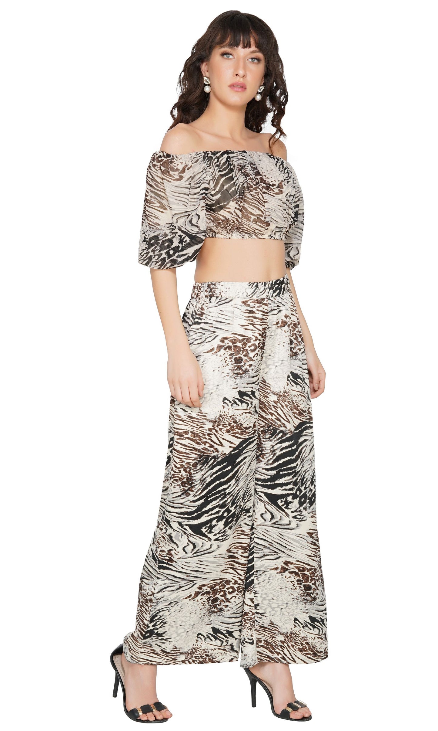 SLAY. Women's Abstract Digital Print Off Shoulder Crop Top With Palazzo Coord Set-clothing-to-slay.myshopify.com-Off Shoulder Crop Top With Palazzo Set