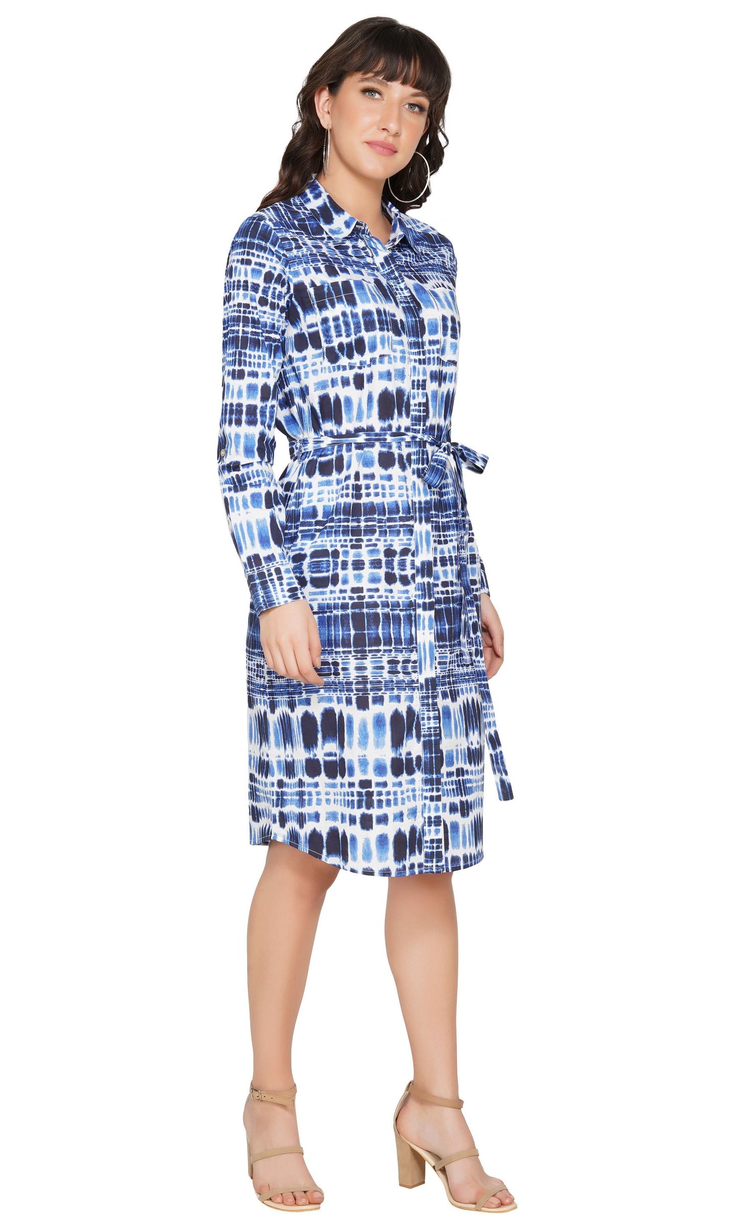 SLAY. Women's Blue Tie-Dye Print Shirt Dress With Roll Up Sleeves-clothing-to-slay.myshopify.com-Shirt Dress